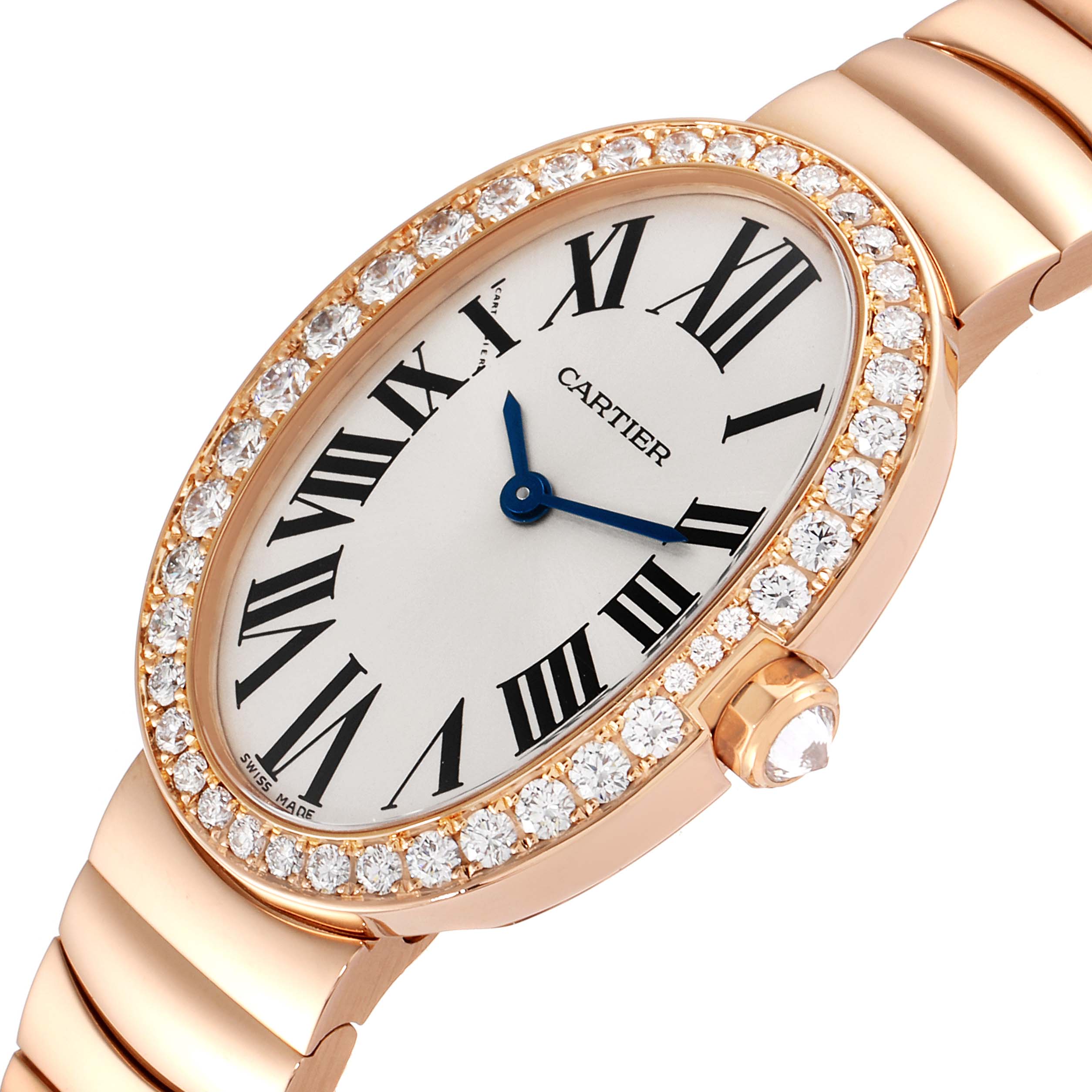 This image shows a Cartier Baignoire WB520002 Women's Rose Gold Silver Dial WB520002 Women's Rose Gold Silver Dial watch at an angled close-up, highlighting the diamond-studded oval bezel, dial, and part of the bracelet.