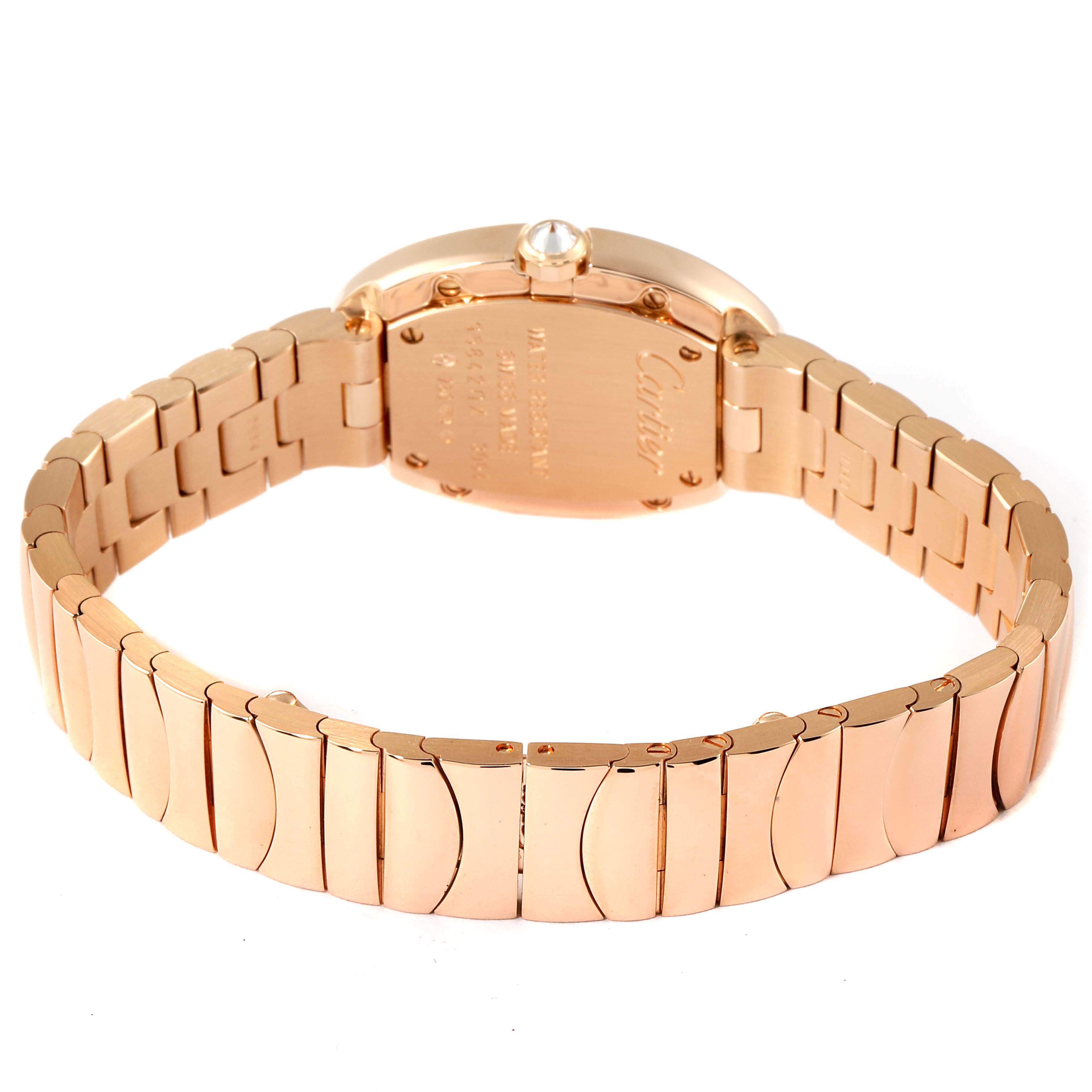 The image shows the back view of a Cartier Baignoire WB520002 Women's Rose Gold Silver Dial WB520002 Women's Rose Gold Silver Dial watch, highlighting its rose gold bracelet and case back.