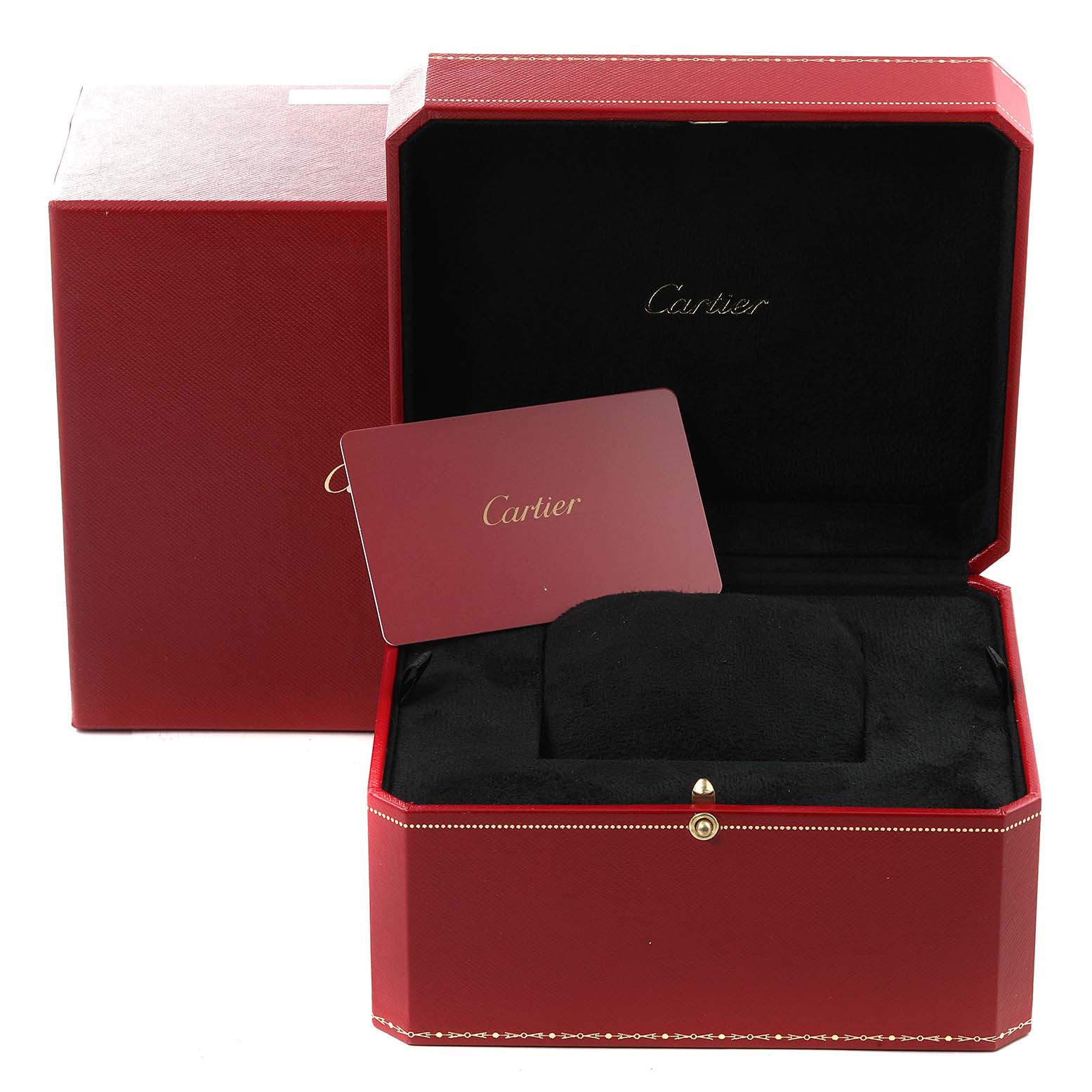 A Cartier Baignoire WB520002 Women's Rose Gold Silver Dial WB520002 Women's Rose Gold Silver Dial watch box is shown at a slight angle, including the interior cushion and a Cartier card.
