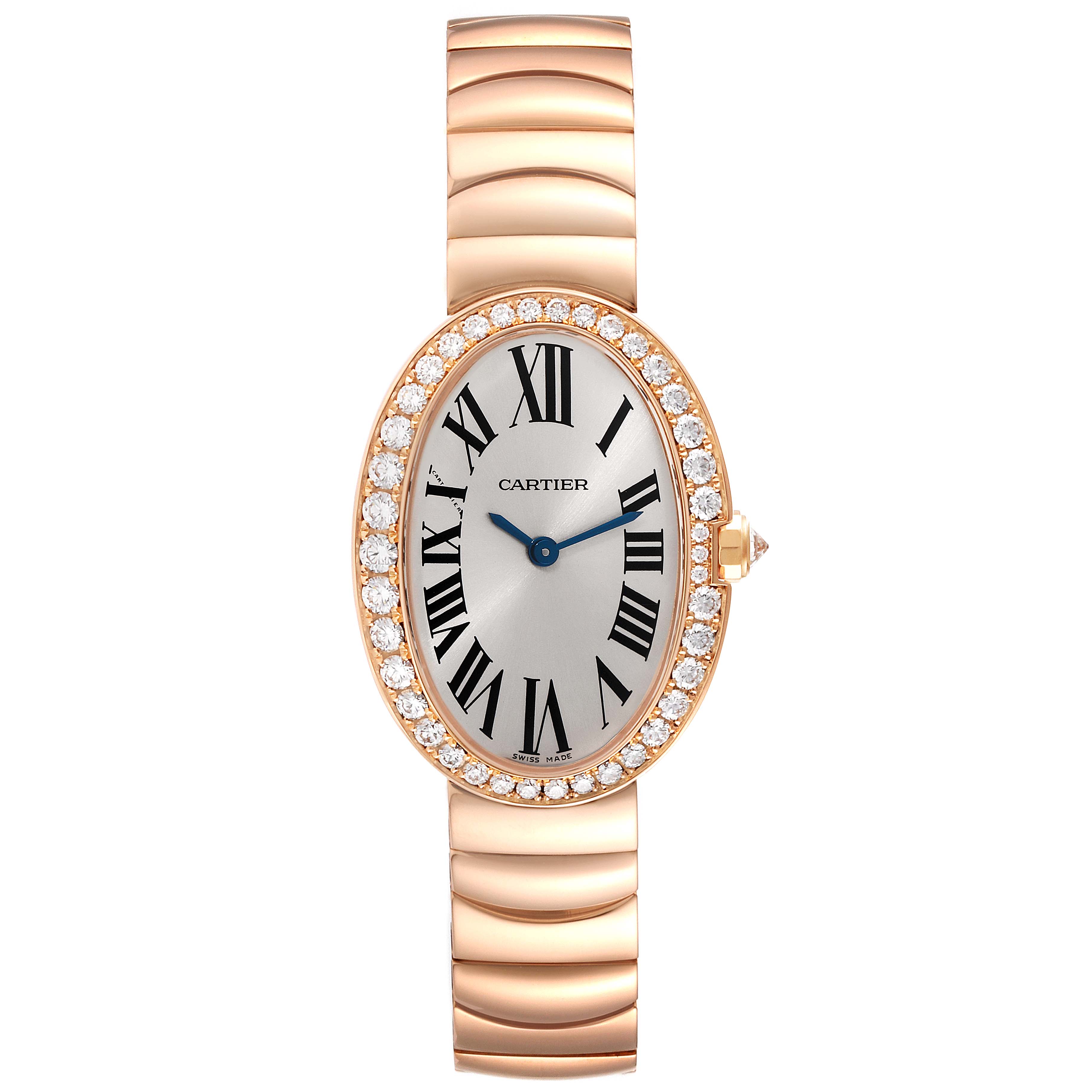 The Cartier Baignoire WB520002 Women's Rose Gold Silver Dial WB520002 Women's Rose Gold Silver Dial watch is shown from the front, displaying its oval face, diamond bezel, Roman numerals, and gold bracelet.