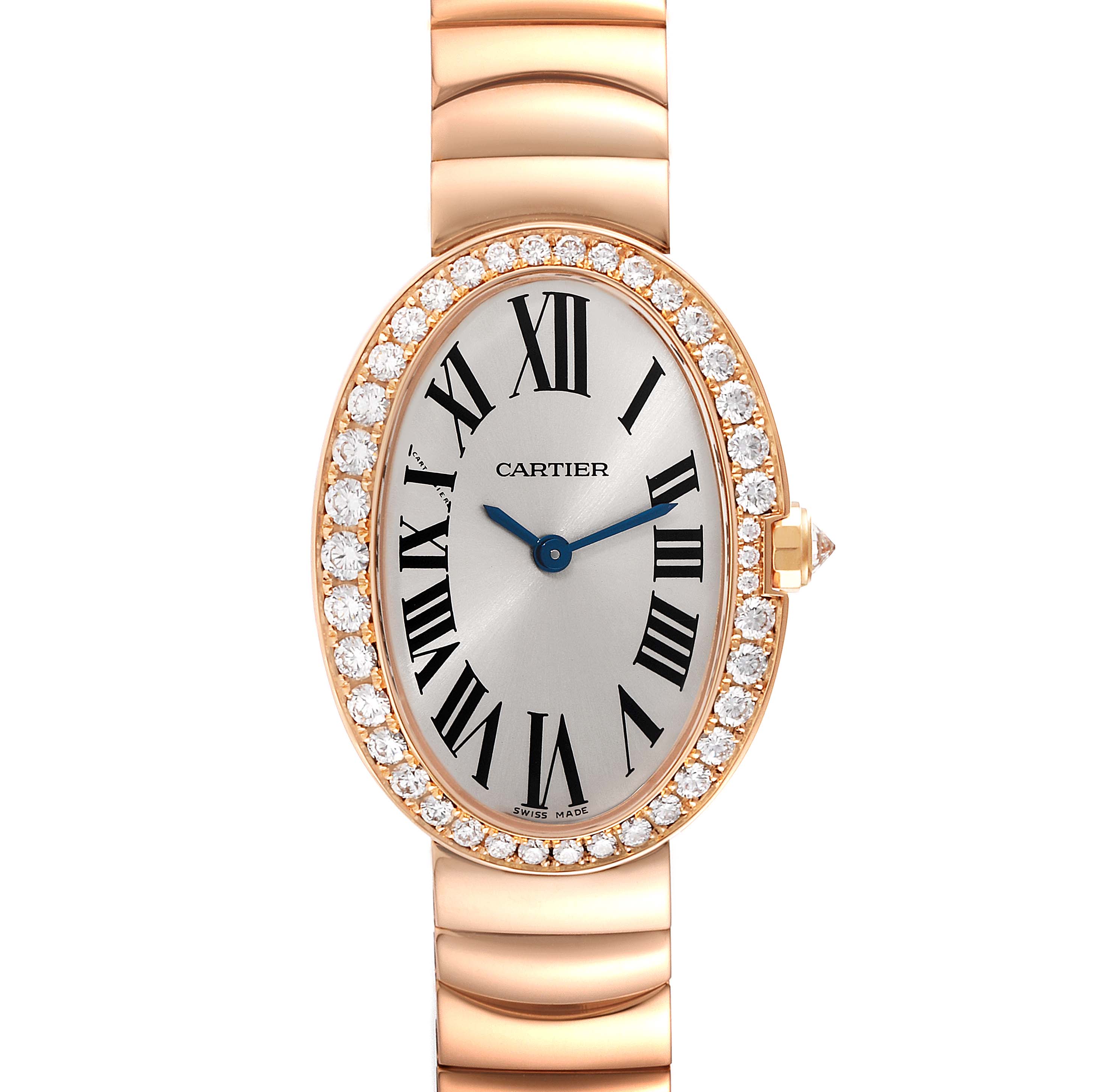 The image shows a front view of the Cartier Baignoire WB520002 Women's Rose Gold Silver Dial WB520002 Women's Rose Gold Silver Dial watch, displaying its oval face, Roman numerals, and diamond bezel.