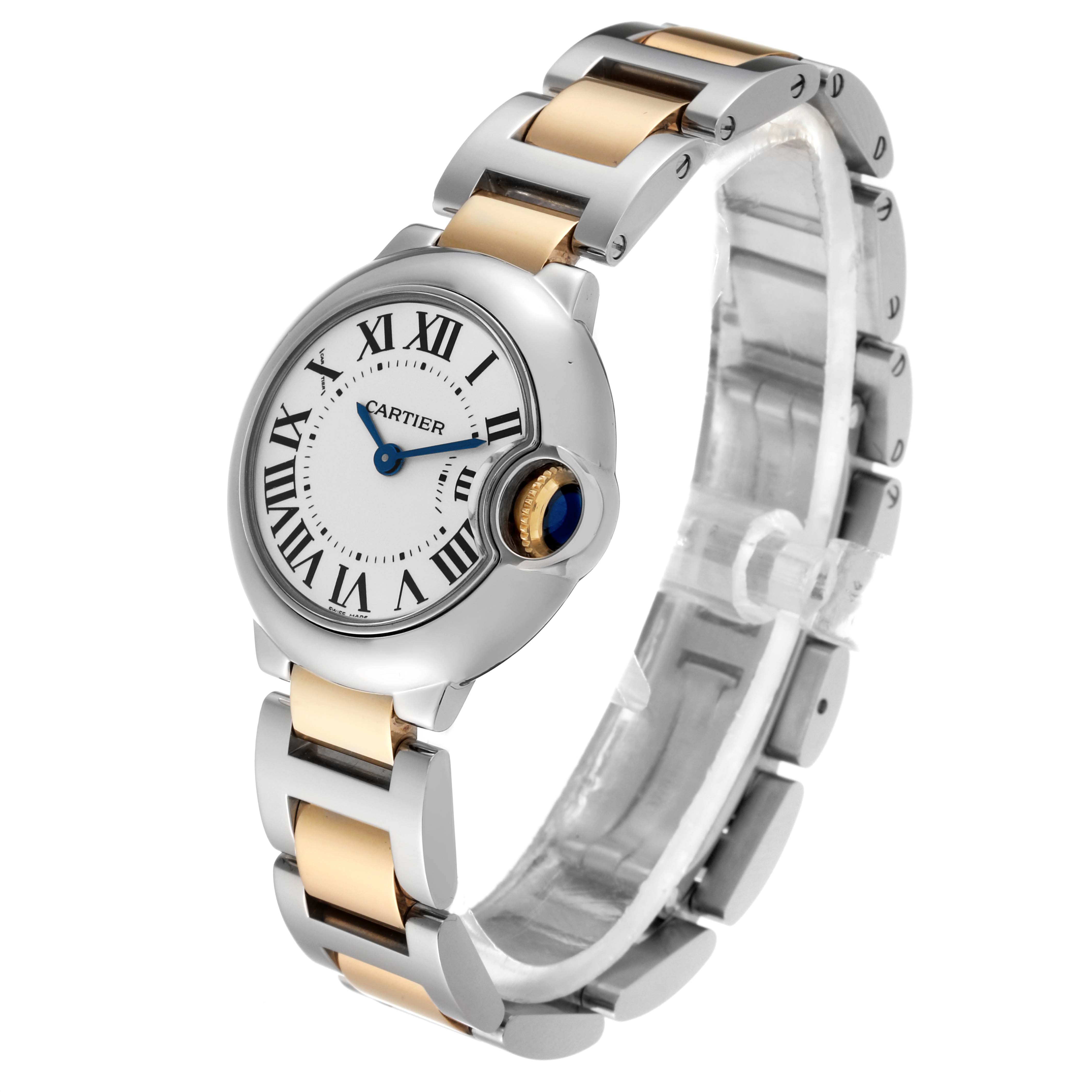 The image shows a side and front view of the Cartier Ballon Bleu W69007Z3 Women's Steel and Gold (two tone) Silver Dial W69007Z3 Women's Steel and Gold (two tone) Silver Dial watch, displaying its face, crown, and bracelet.