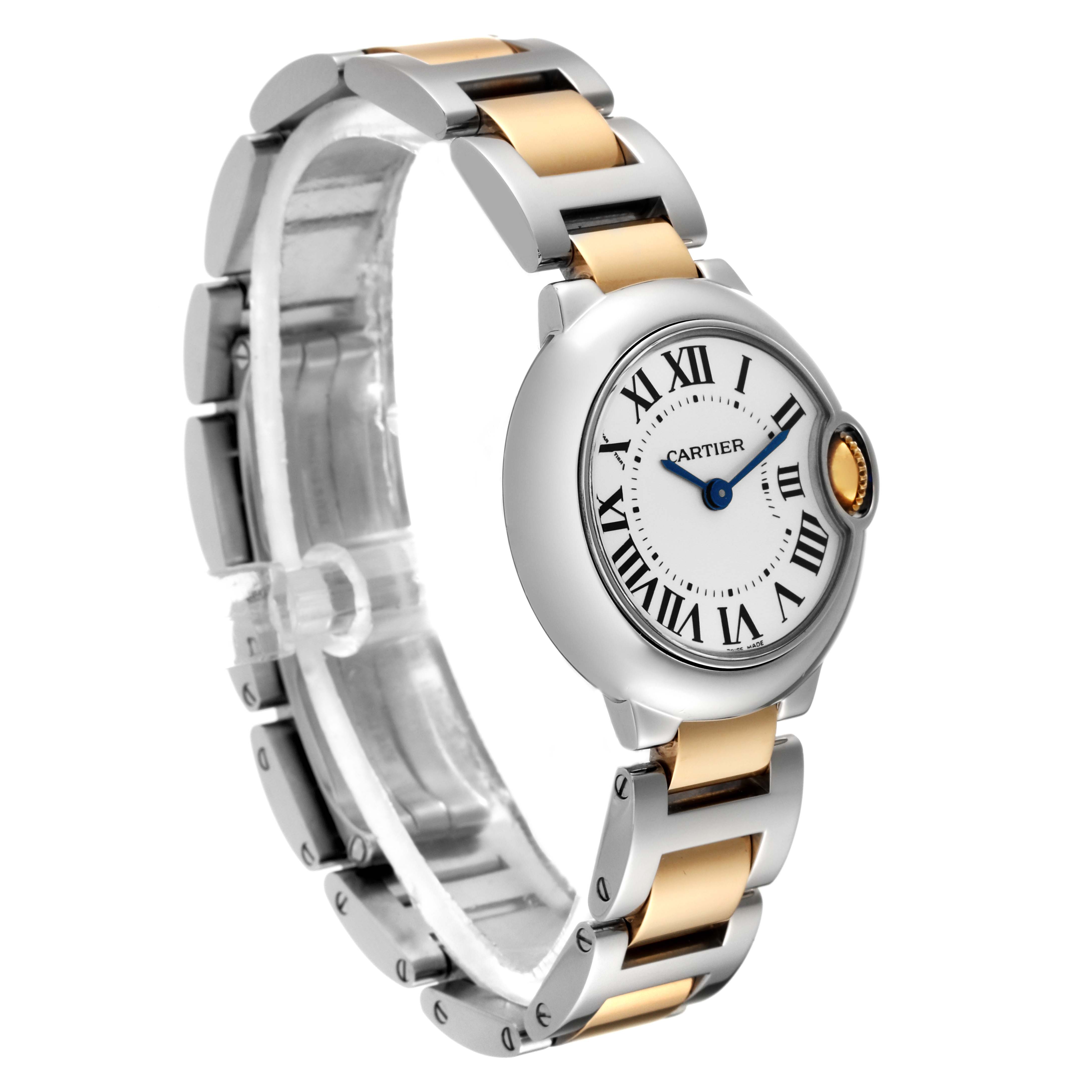 The image shows a side angle of a Cartier Ballon Bleu W69007Z3 Women's Steel and Gold (two tone) Silver Dial W69007Z3 Women's Steel and Gold (two tone) Silver Dial watch, highlighting the two-tone metal bracelet and round dial.
