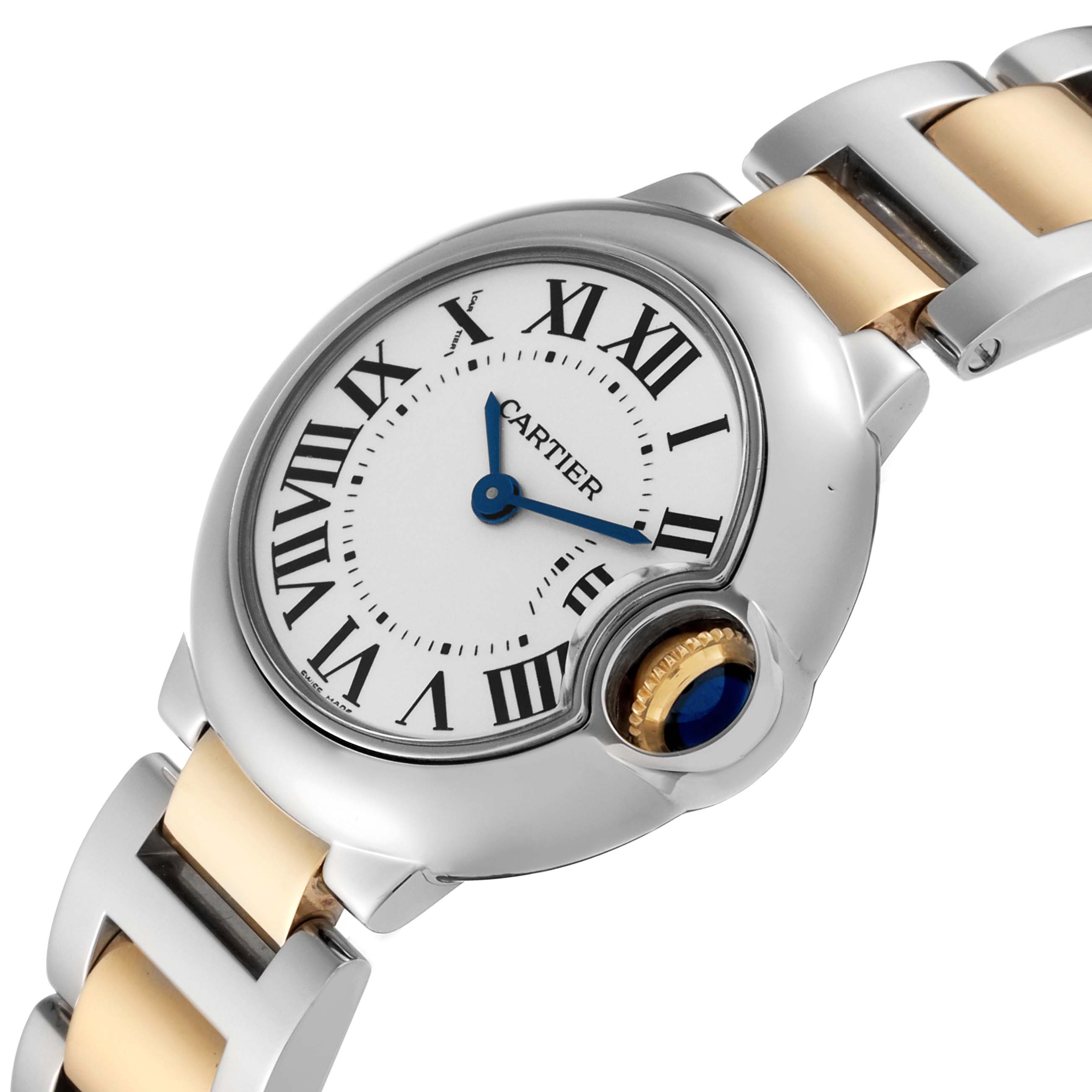 The image shows a close-up view of the dial and part of the bracelet of the Cartier Ballon Bleu W69007Z3 Women's Steel and Gold (two tone) Silver Dial W69007Z3 Women's Steel and Gold (two tone) Silver Dial watch.