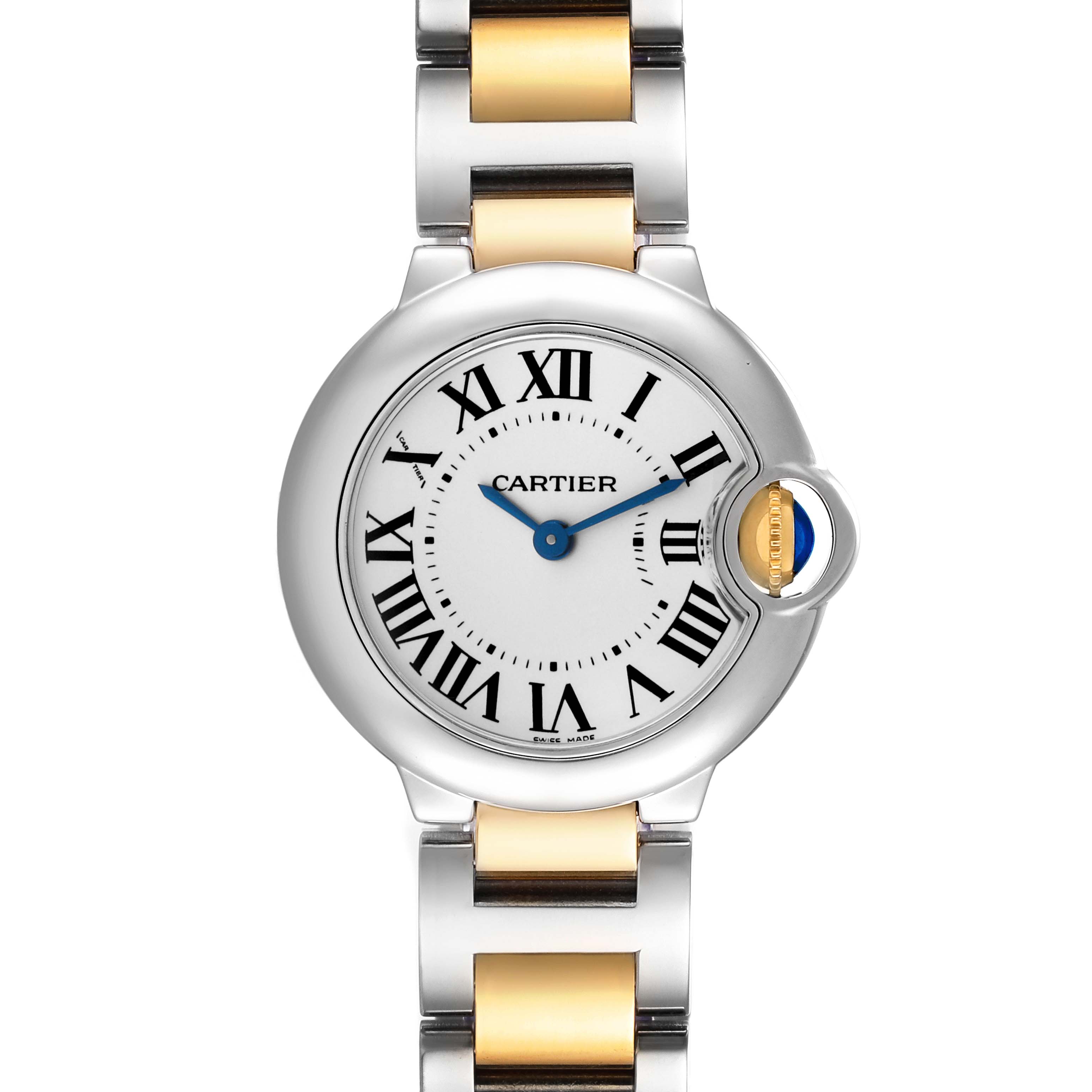 This image shows a front view of the Cartier Ballon Bleu W69007Z3 Women's Steel and Gold (two tone) Silver Dial W69007Z3 Women's Steel and Gold (two tone) Silver Dial watch face and part of the two-tone bracelet.