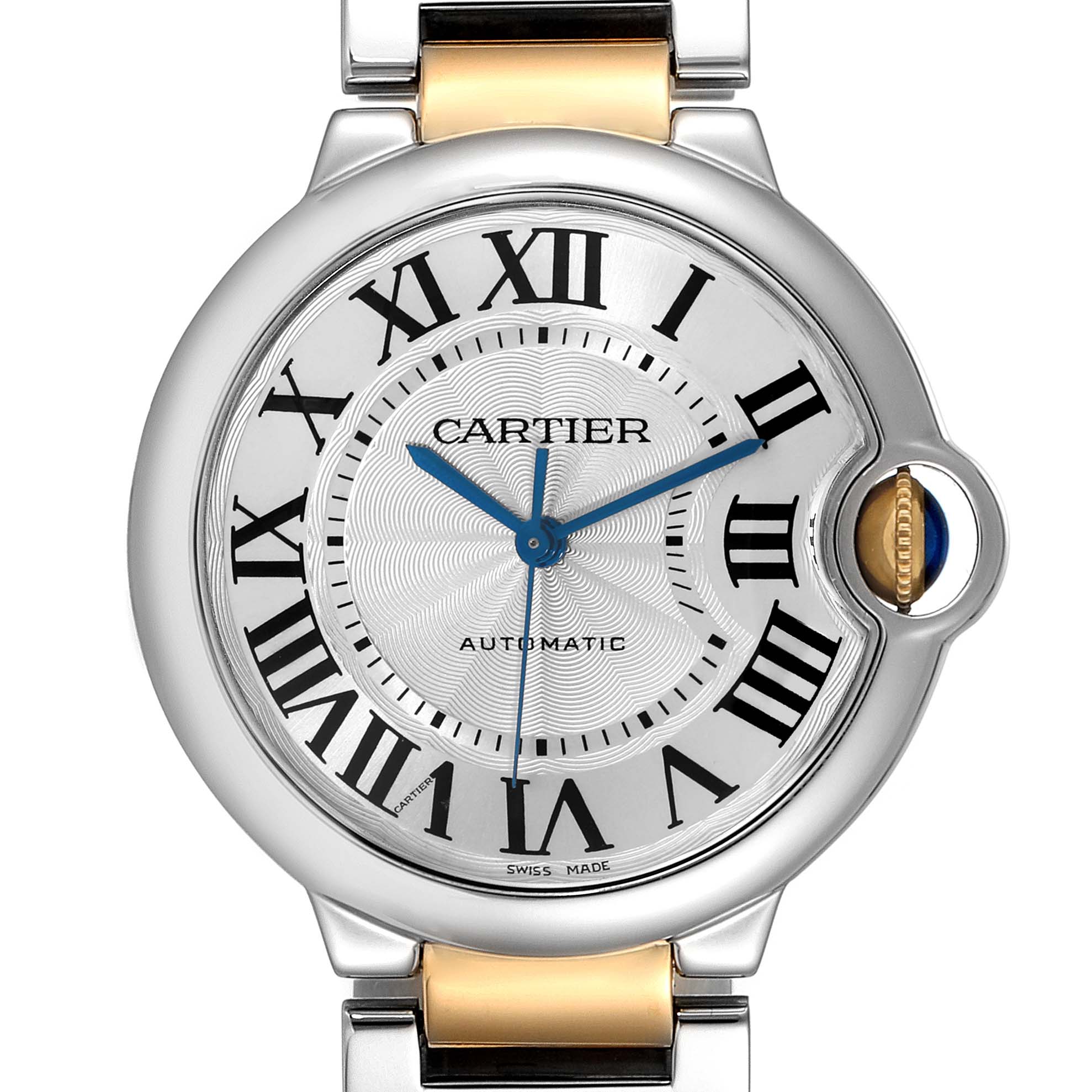 The image shows a close-up of the Cartier Ballon Bleu W6920047 Women's Steel and Gold (two tone) Silver Dial W6920047 Women's Steel and Gold (two tone) Silver Dial watch face, highlighting its Roman numeral markers and blue hands.