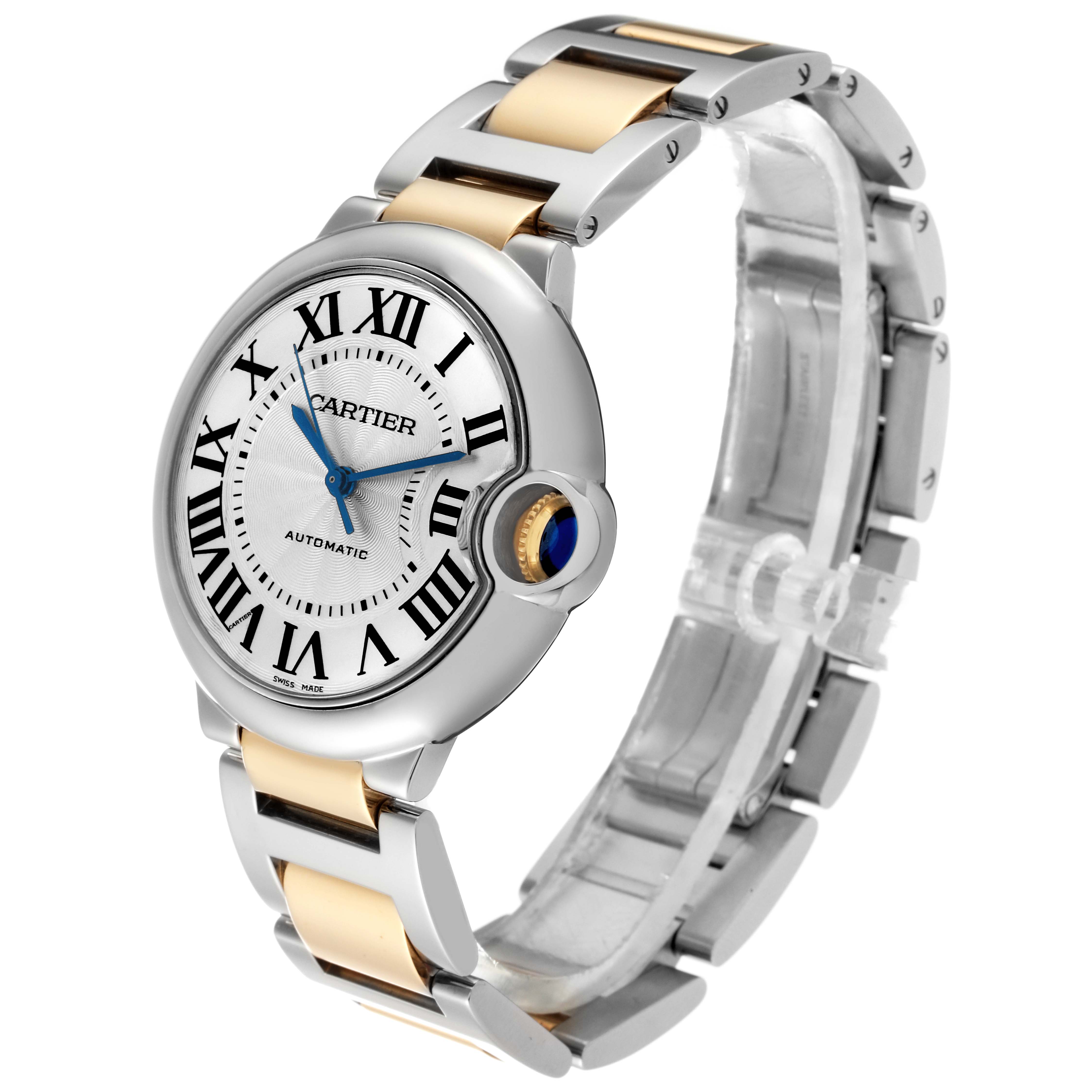 This image shows a side angle view of the Cartier Ballon Bleu W6920047 Women's Steel and Gold (two tone) Silver Dial W6920047 Women's Steel and Gold (two tone) Silver Dial watch, highlighting its Roman numeral dial, crown with a blue cabochon, and metal bracelet.