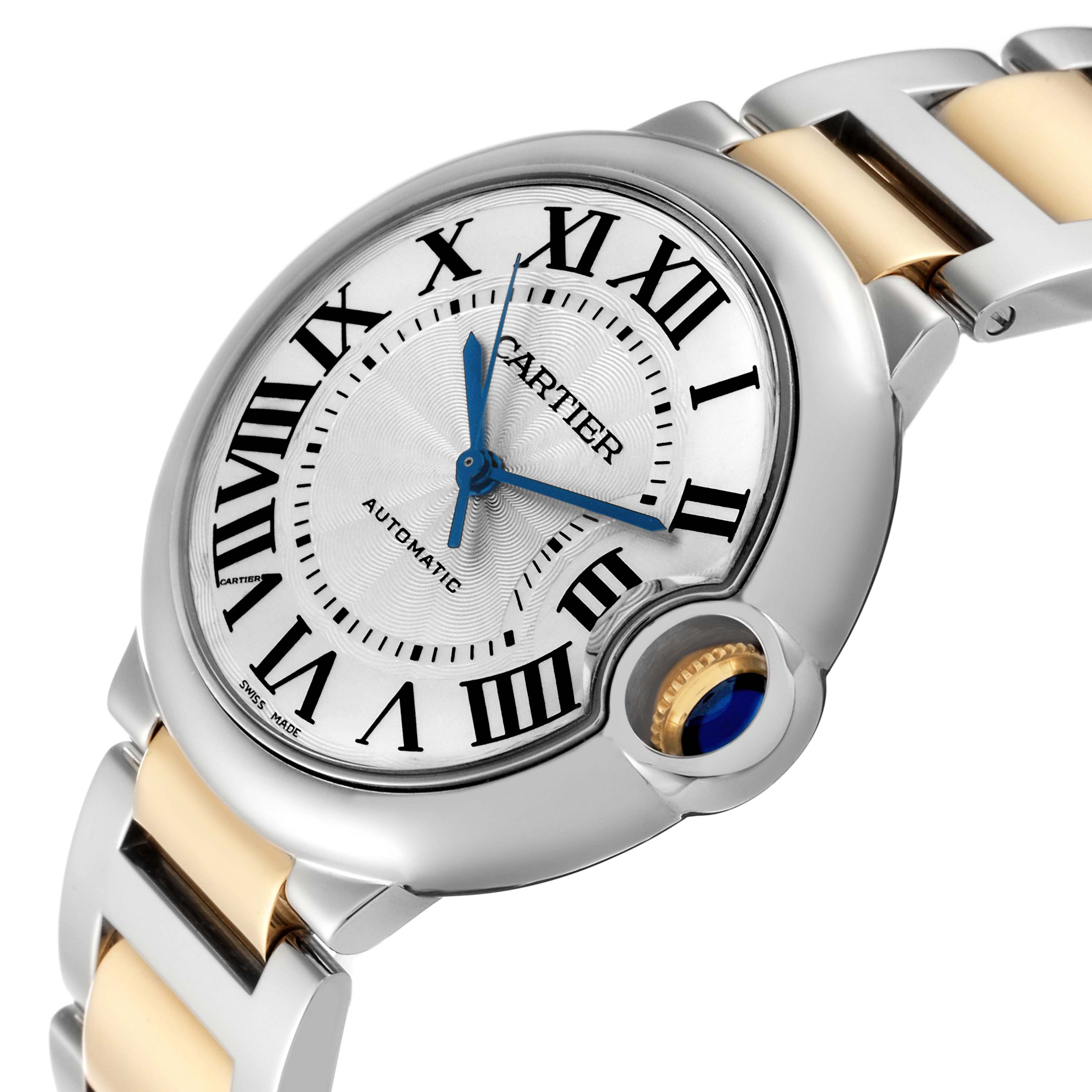 The image shows a close-up, angled view of the Cartier Ballon Bleu W6920047 Women's Steel and Gold (two tone) Silver Dial W6920047 Women's Steel and Gold (two tone) Silver Dial watch, highlighting the dial, crown, and part of the bracelet.