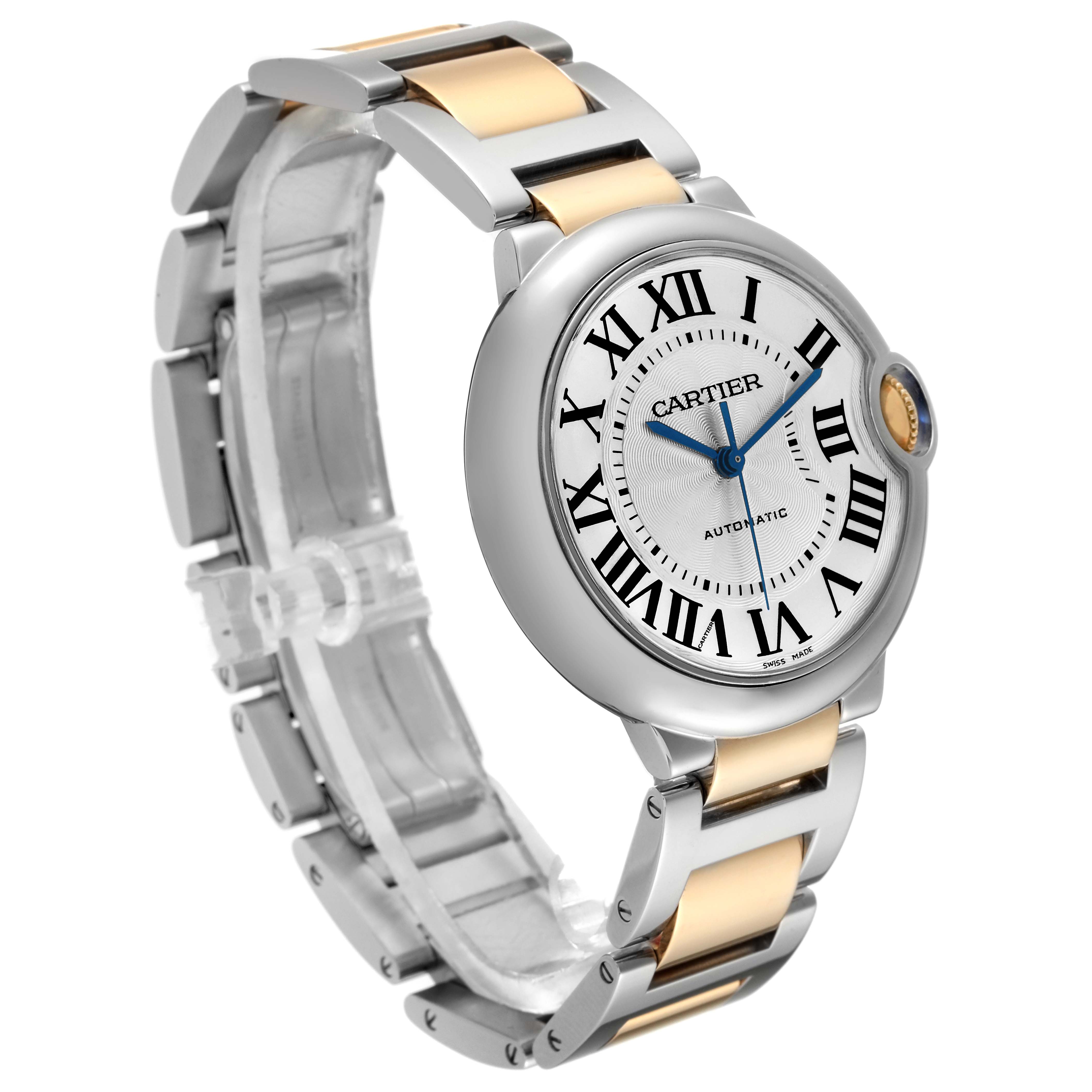 The image shows the Ballon Bleu model by Cartier from a three-quarter angle, highlighting its dial, Roman numerals, and bracelet.