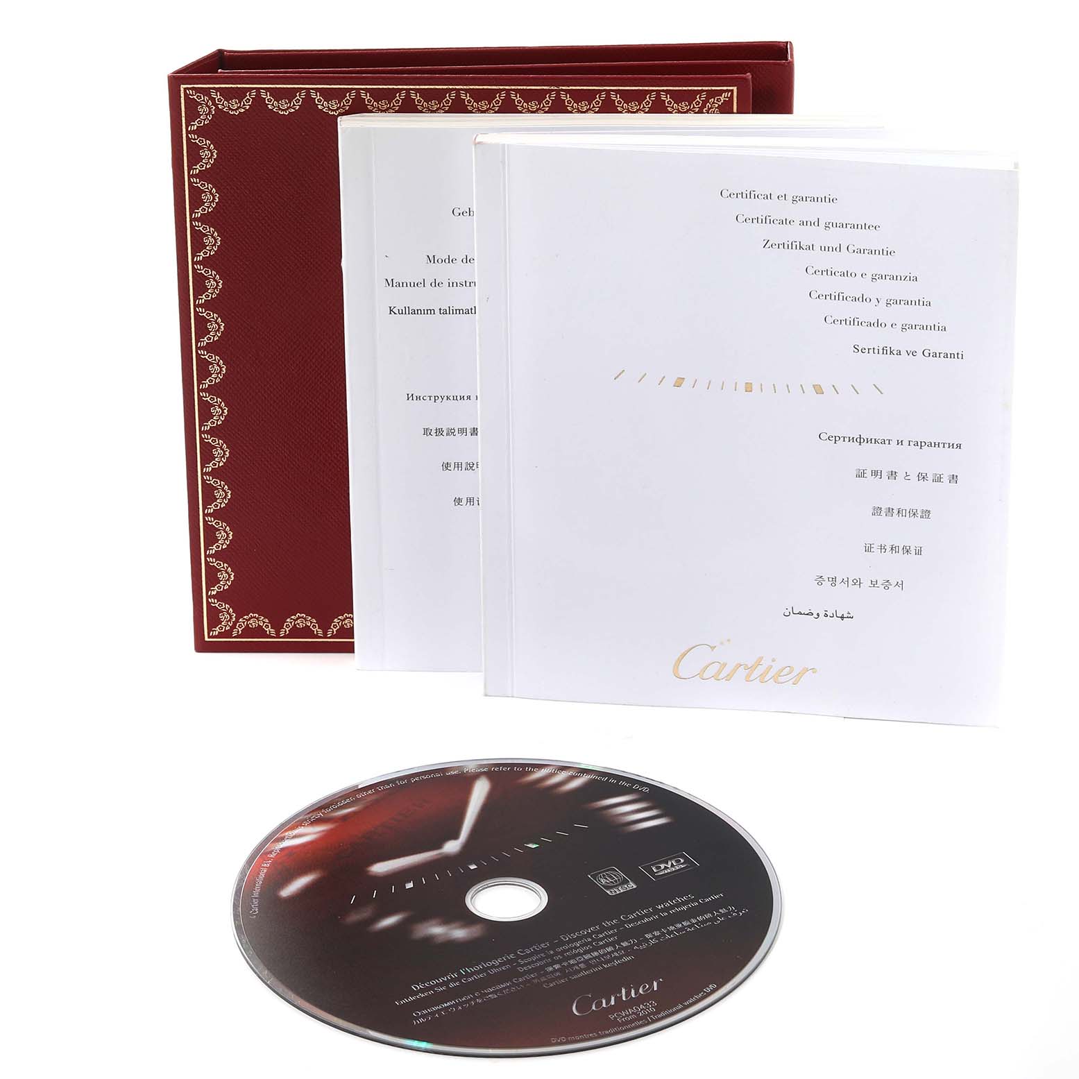 The image shows the packaging, manuals, and a CD for the Cartier Ballon Bleu W6920047 Women's Steel and Gold (two tone) Silver Dial W6920047 Women's Steel and Gold (two tone) Silver Dial model.