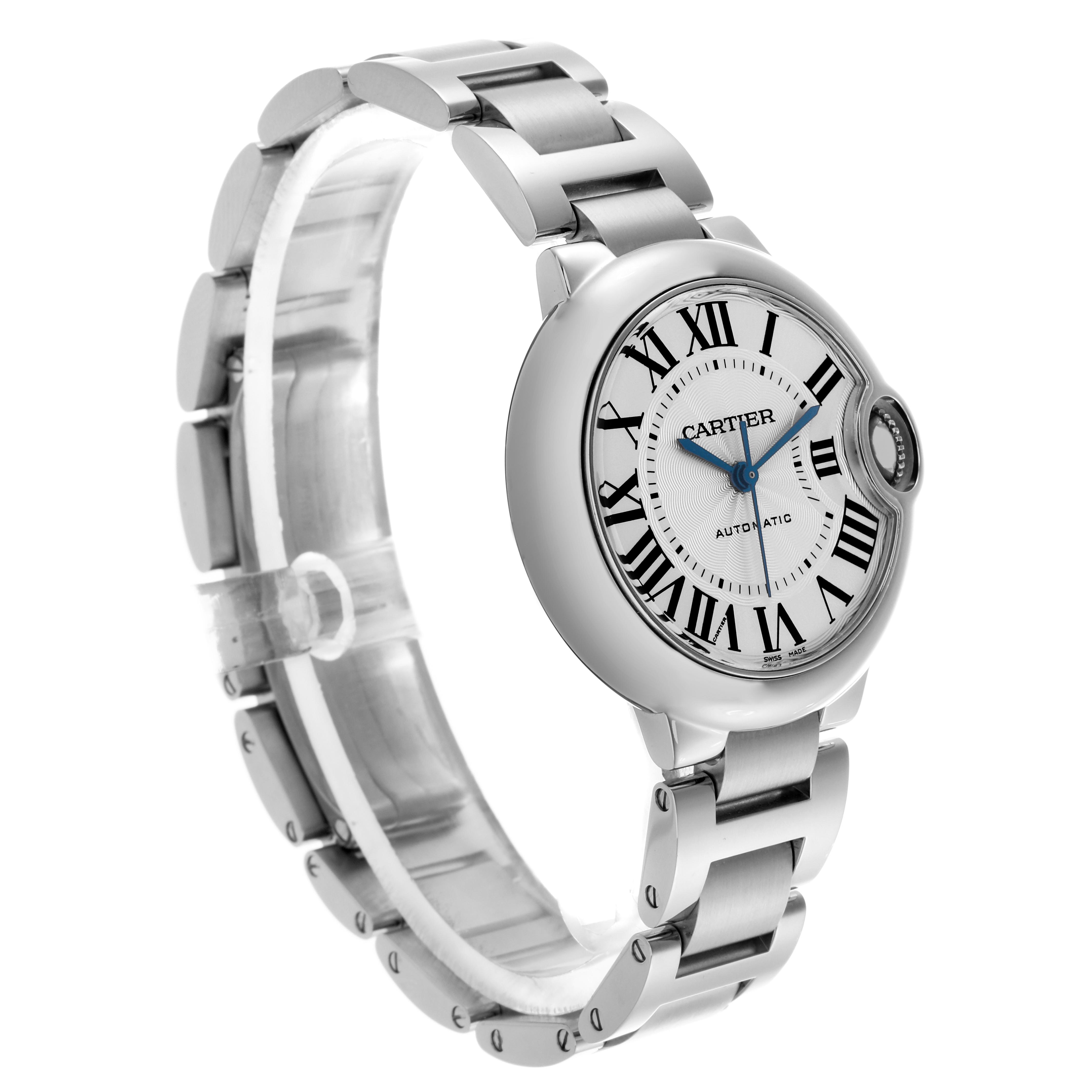 The Ballon Bleu de Cartier watch is shown at a three-quarter angle, displaying its round face, Roman numeral dial, and silver bracelet.