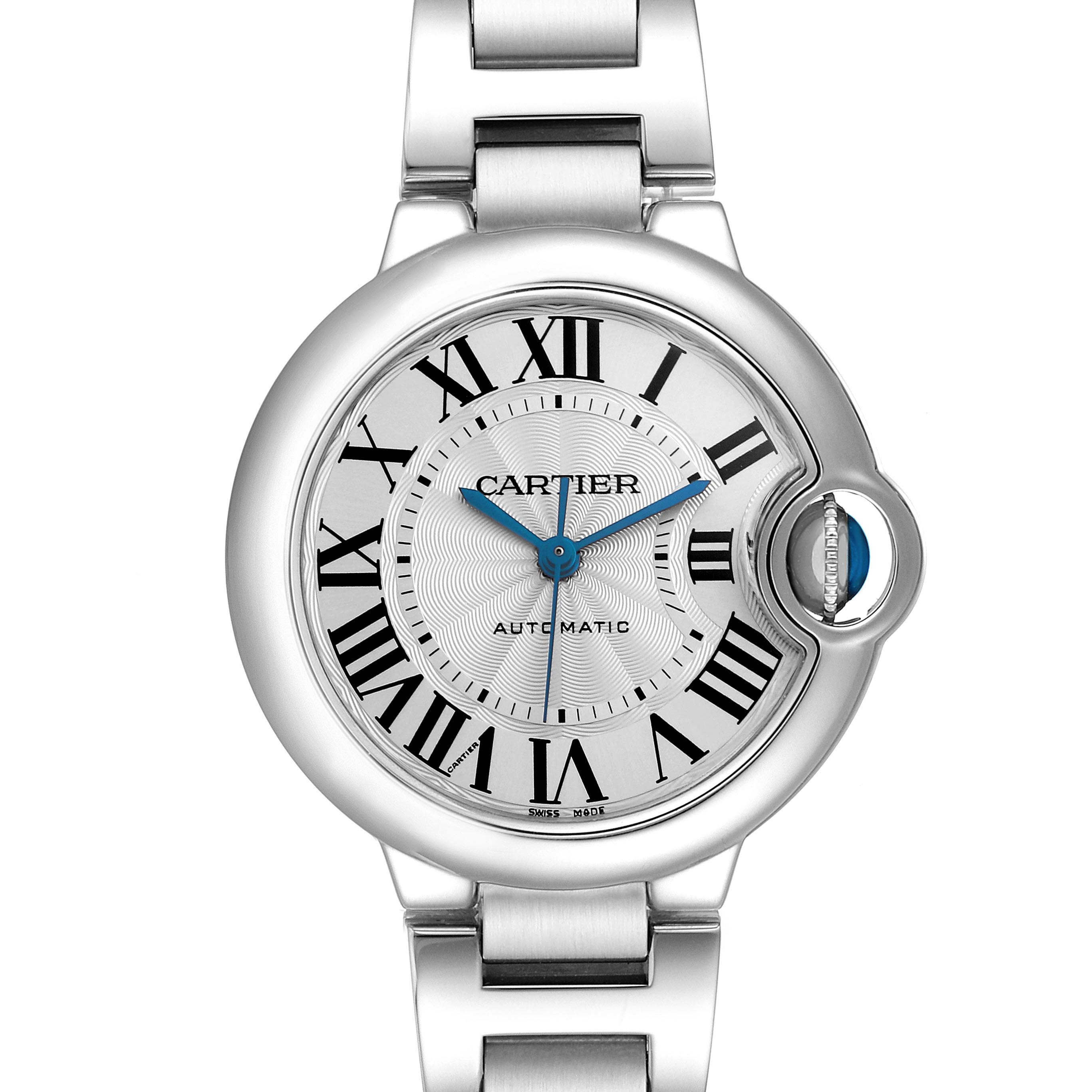 The image shows a Ballon Bleu de Cartier watch from a top-down angle, highlighting its face, crown, and stainless steel bracelet.