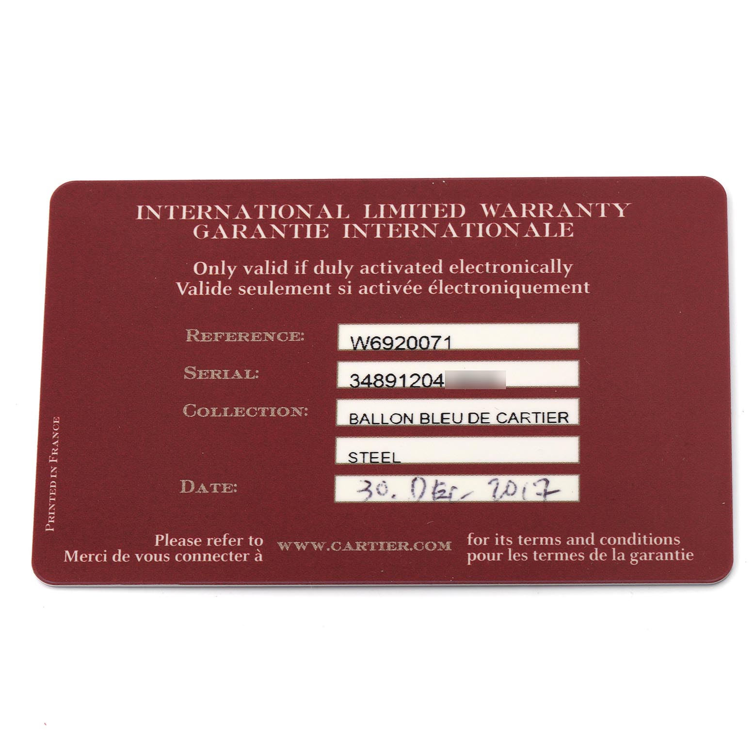 This image shows a warranty card for the Ballon Bleu de Cartier watch, detailing reference, serial, collection, and date.