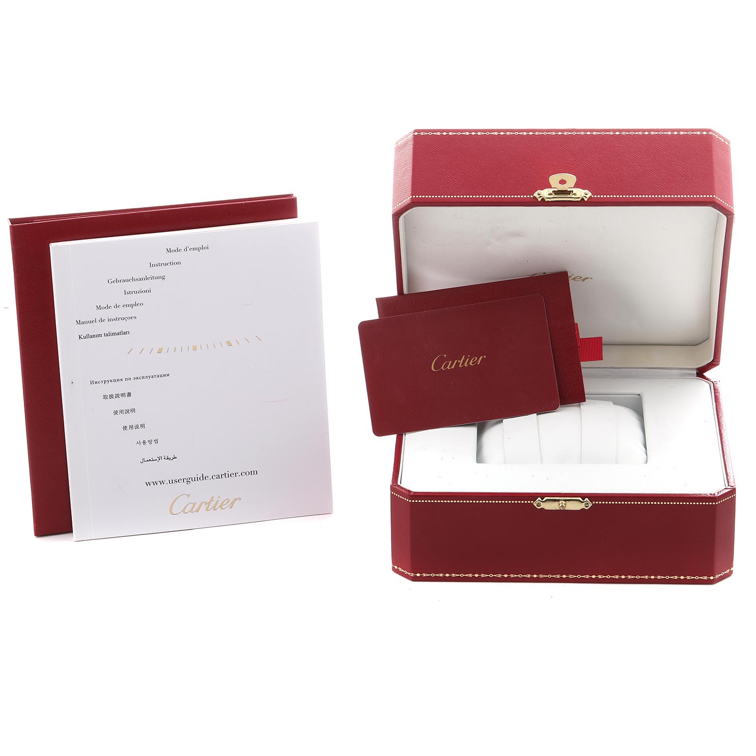 The image shows a Cartier Ballon Bleu W6920071 Women
s Stainless Steel Silver Dial W6920071 Women
s Stainless Steel Silver Dial watch box, instruction manuals, and a card, all from a front angle.