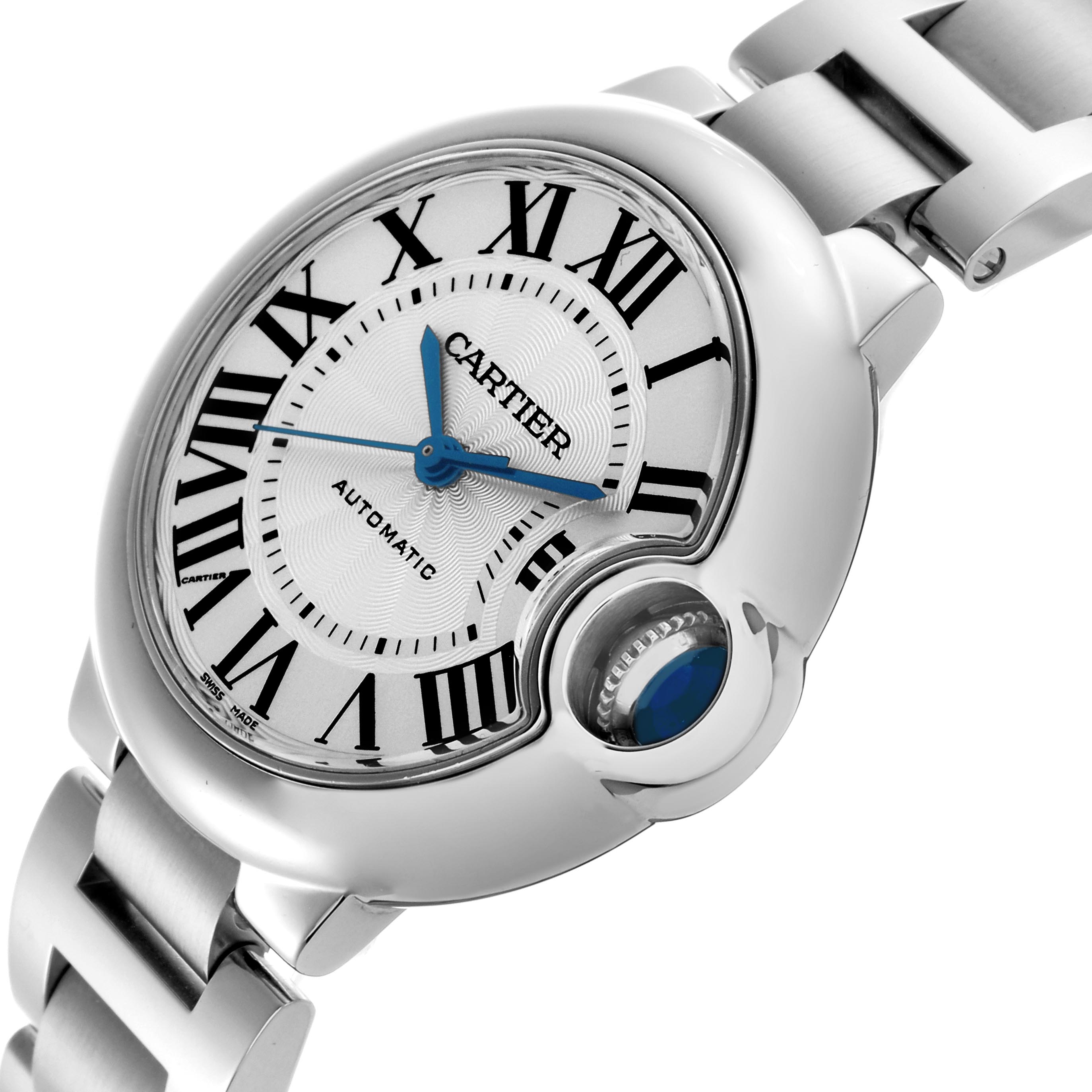 The Cartier Ballon Bleu W6920071 Women
s Stainless Steel Silver Dial W6920071 Women
s Stainless Steel Silver Dial watch is shown at an angled side view, highlighting its round case, crown with a blue cabochon, and part of the bracelet.