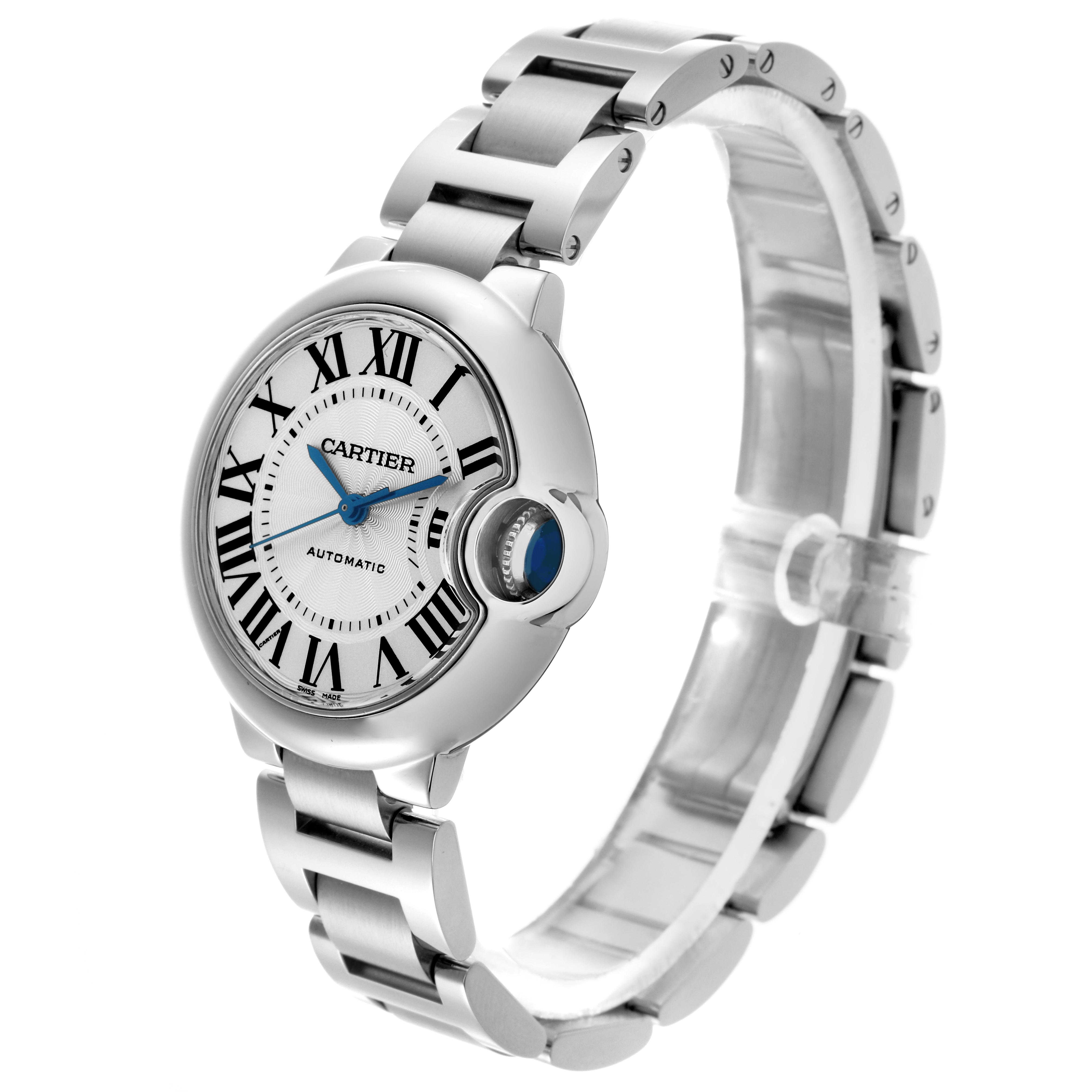 The Cartier Ballon Bleu W6920071 Women
s Stainless Steel Silver Dial W6920071 Women
s Stainless Steel Silver Dial watch is shown at a three-quarter angle, displaying the face, crown, and part of the bracelet.