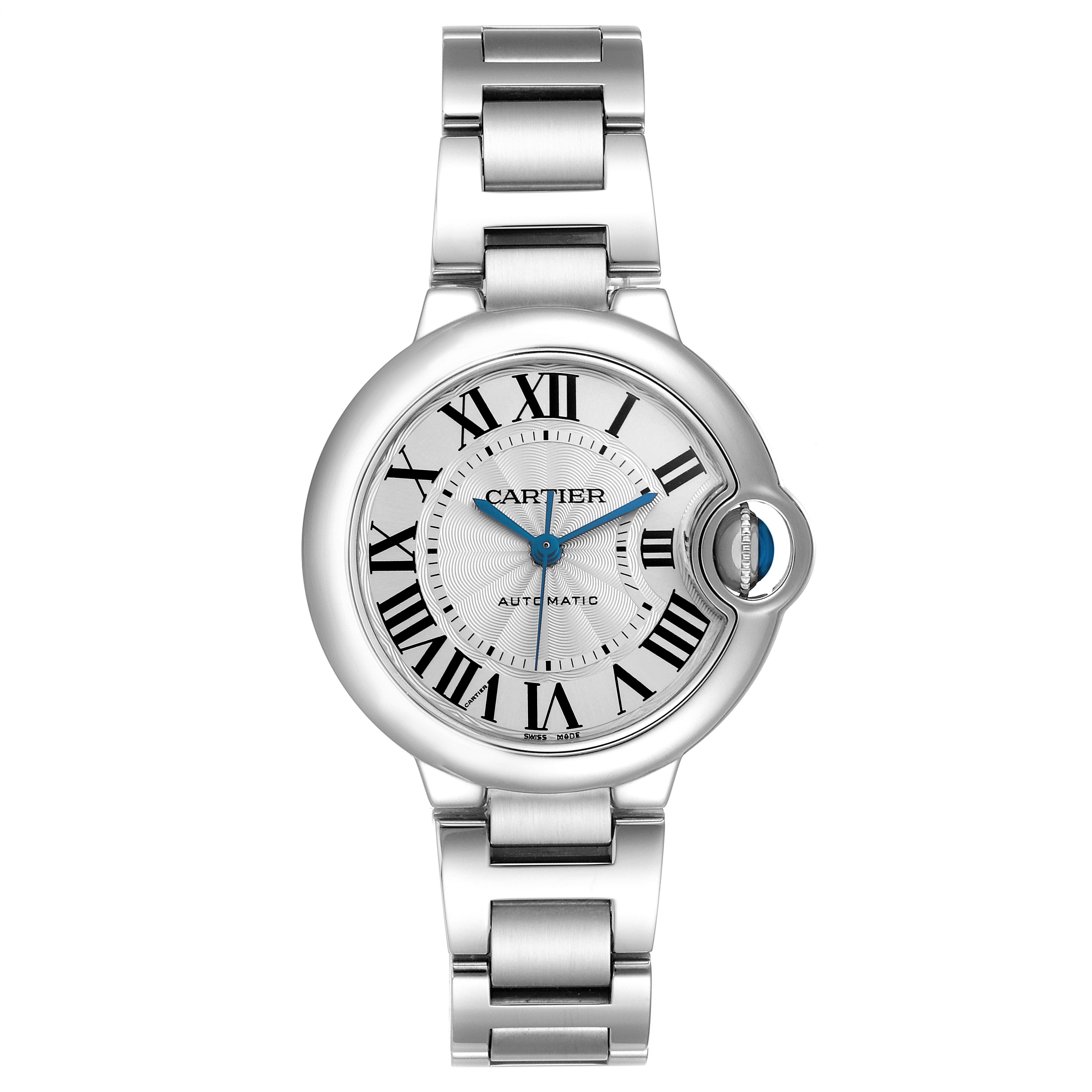 The Cartier Ballon Bleu W6920071 Women
s Stainless Steel Silver Dial W6920071 Women
s Stainless Steel Silver Dial watch is shown from the front, highlighting its silver dial, Roman numerals, and metal bracelet.