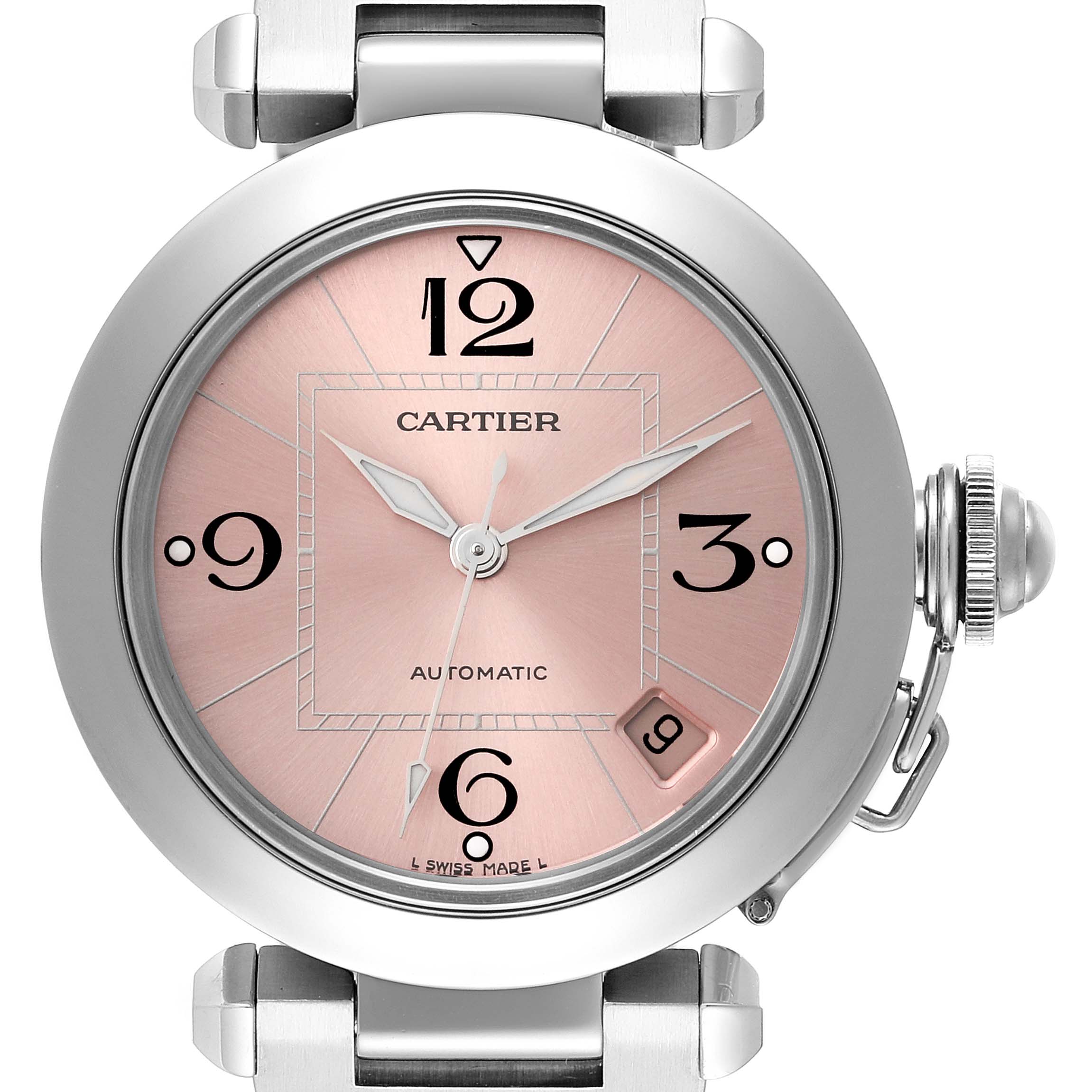 This is a close-up image of the Cartier Pasha W31075M7 Women's Stainless Steel Pink Dial W31075M7 Women's Stainless Steel Pink Dial watch, showing the dial, hands, crown, and part of the bracelet attachment.