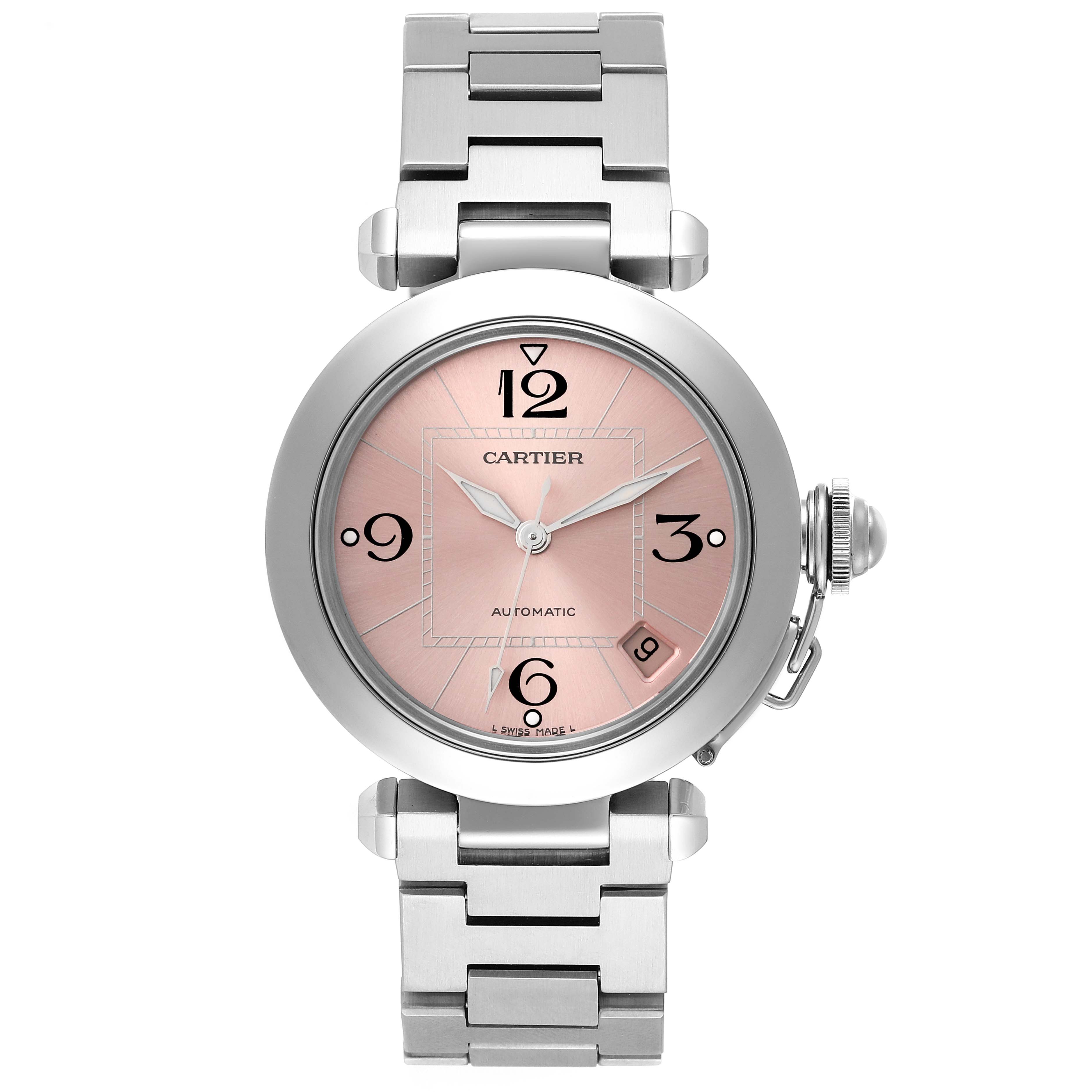 This is a frontal view of the Cartier Pasha W31075M7 Women's Stainless Steel Pink Dial W31075M7 Women's Stainless Steel Pink Dial watch, showing its round face, bracelet, and crown.