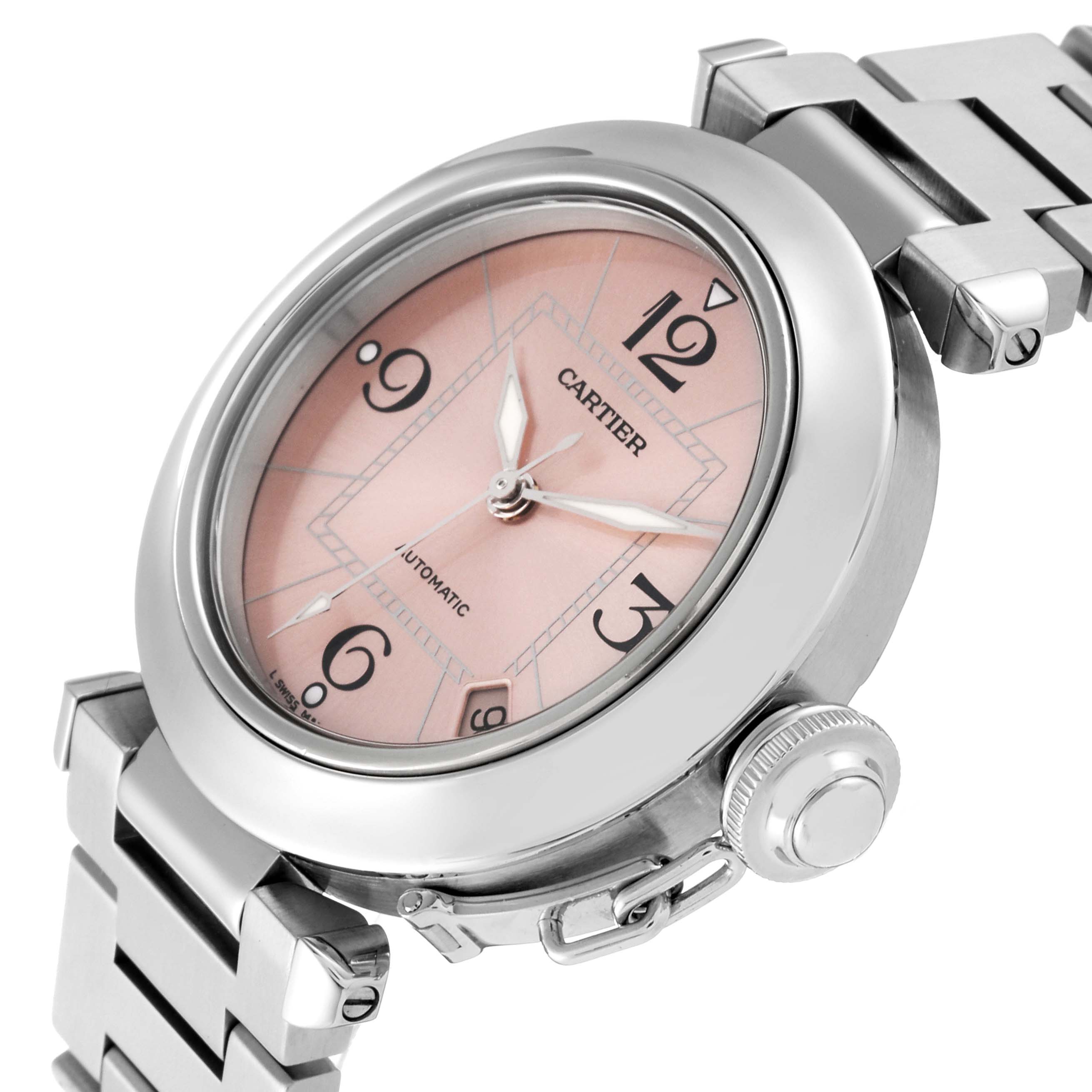 This image shows a close-up side angle of the Cartier Pasha W31075M7 Women's Stainless Steel Pink Dial W31075M7 Women's Stainless Steel Pink Dial watch, highlighting the face, crown, and part of the bracelet.