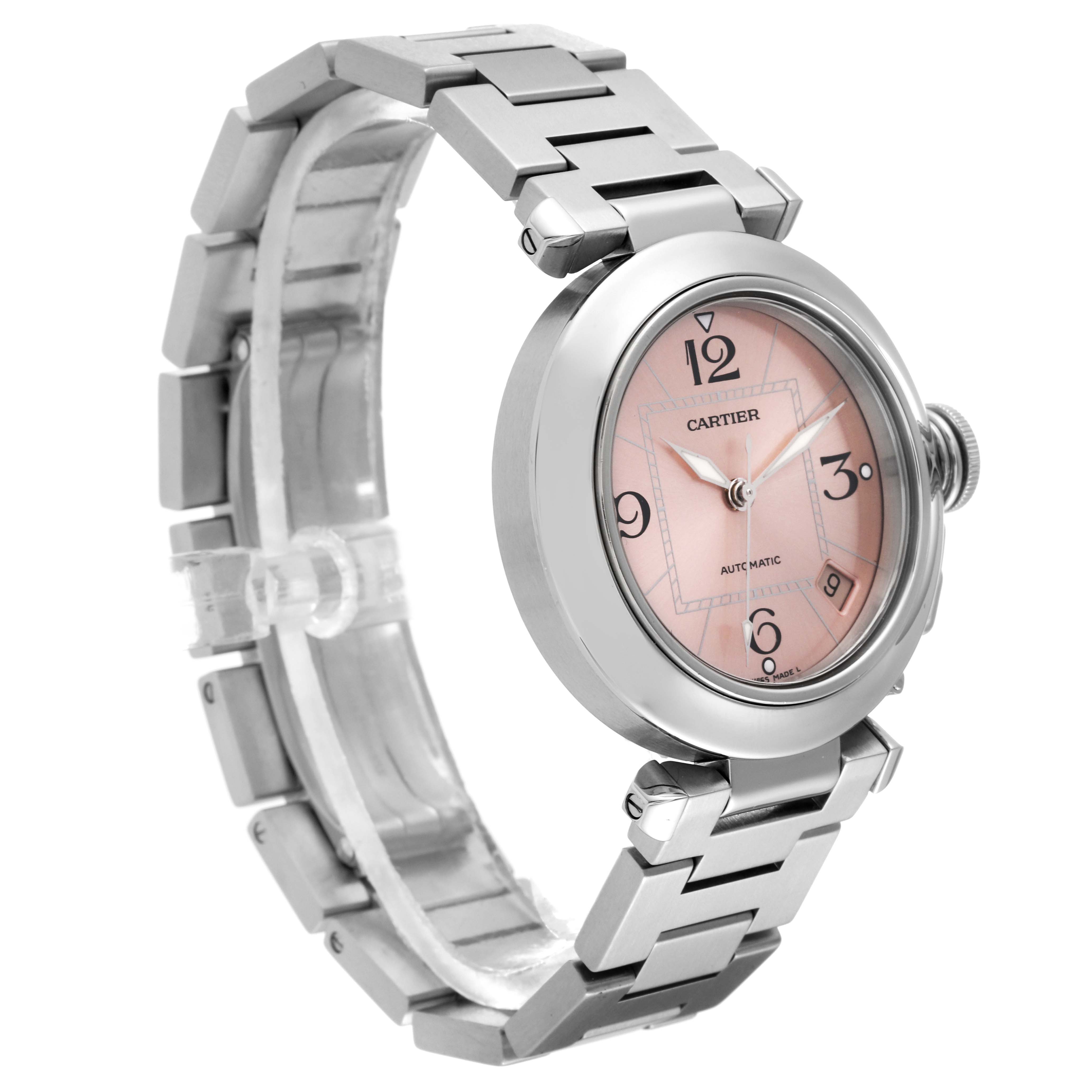 This image shows a Cartier Pasha W31075M7 Women's Stainless Steel Pink Dial W31075M7 Women's Stainless Steel Pink Dial watch at a side angle, highlighting the bracelet, dial, and case.