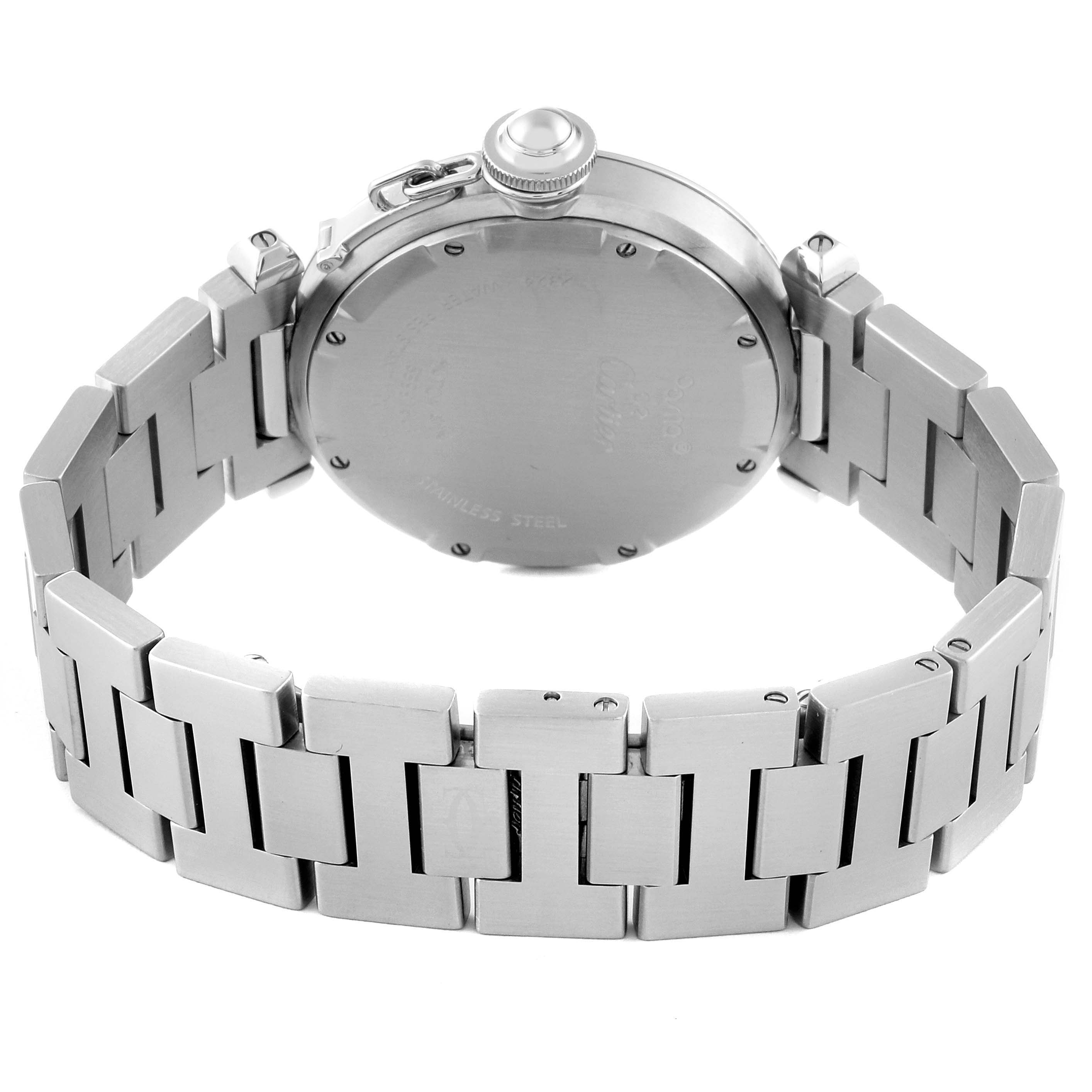 The image shows the back of a Cartier Pasha W31075M7 Women's Stainless Steel Pink Dial W31075M7 Women's Stainless Steel Pink Dial watch with its stainless steel bracelet.