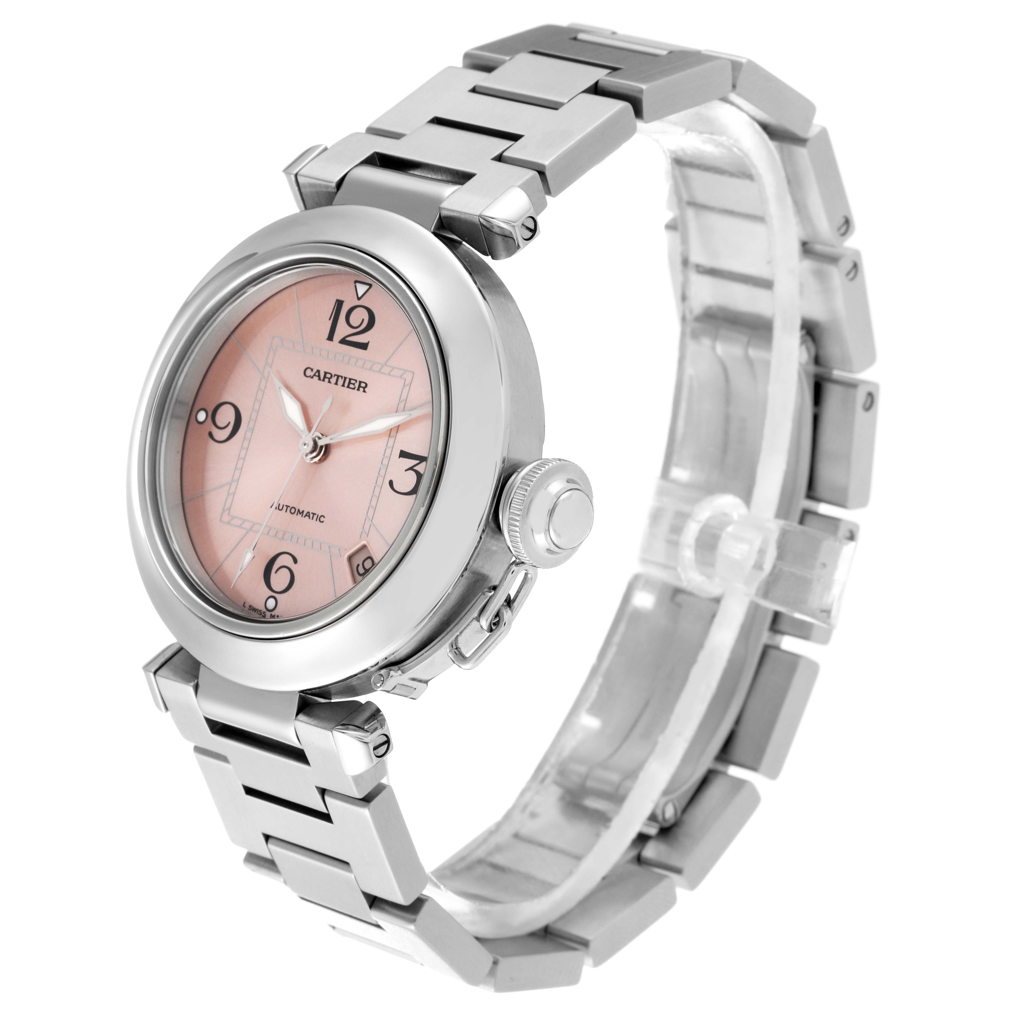 The image shows a Cartier Pasha W31075M7 Women's Stainless Steel Pink Dial W31075M7 Women's Stainless Steel Pink Dial watch from a side angle, displaying its round case, bracelet, and crown.