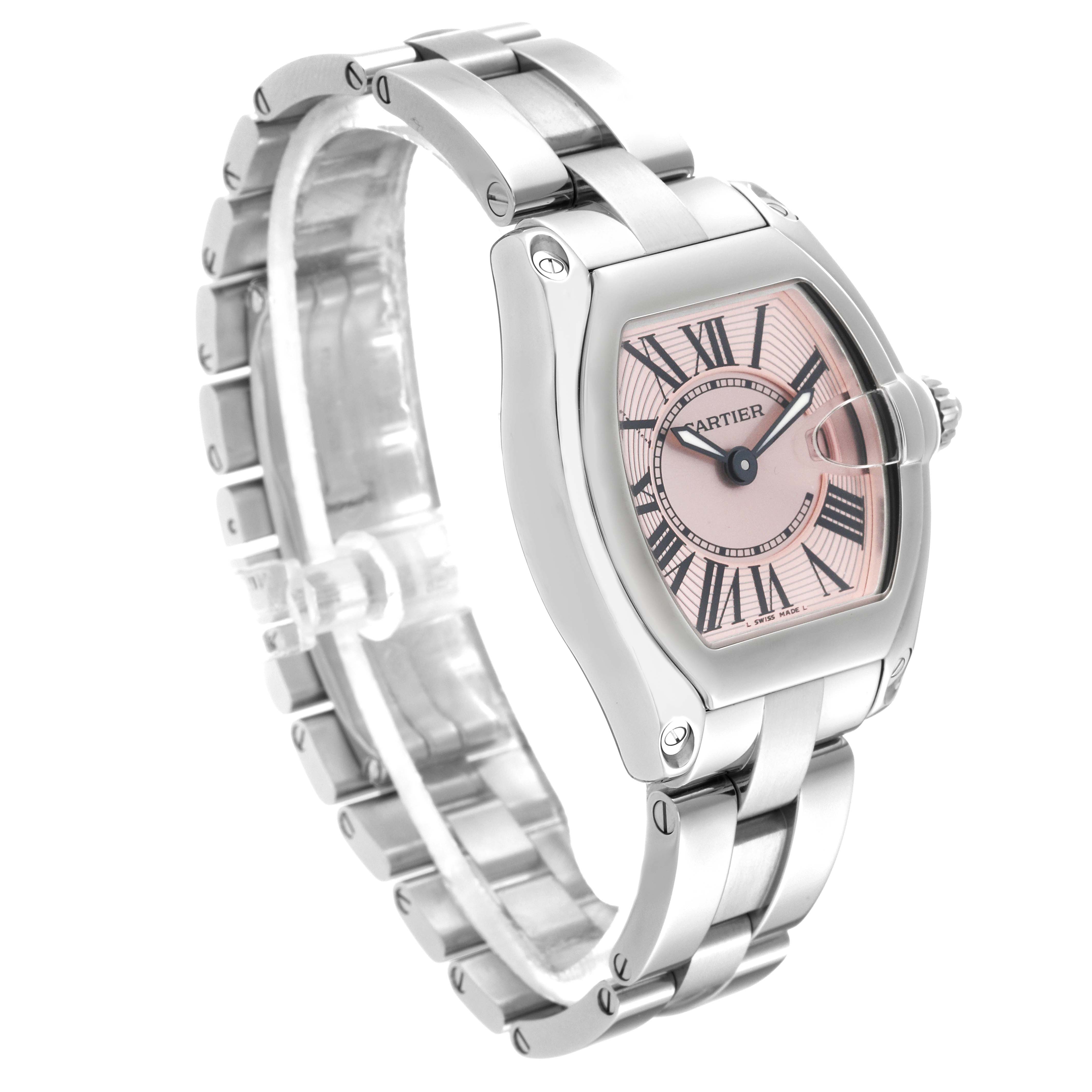 This image shows a Cartier Roadster W62017V3 Women
s Stainless Steel Pink Dial W62017V3 Women
s Stainless Steel Pink Dial watch at a diagonal angle, highlighting the face, case, bracelet, and crown.