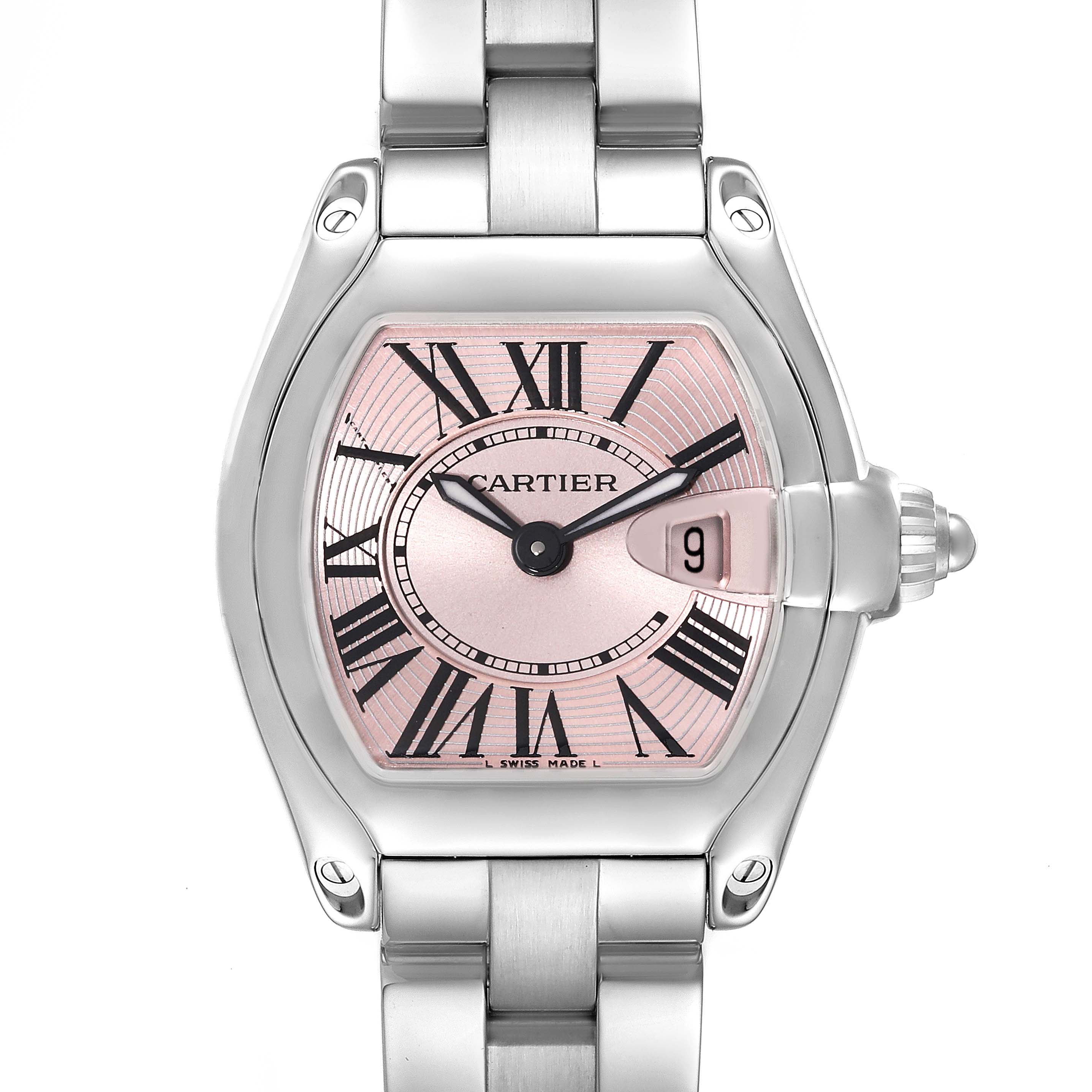 This Cartier Roadster W62017V3 Women
s Stainless Steel Pink Dial W62017V3 Women
s Stainless Steel Pink Dial watch is shown from a top-down angle, highlighting its dial, case, and bracelet.