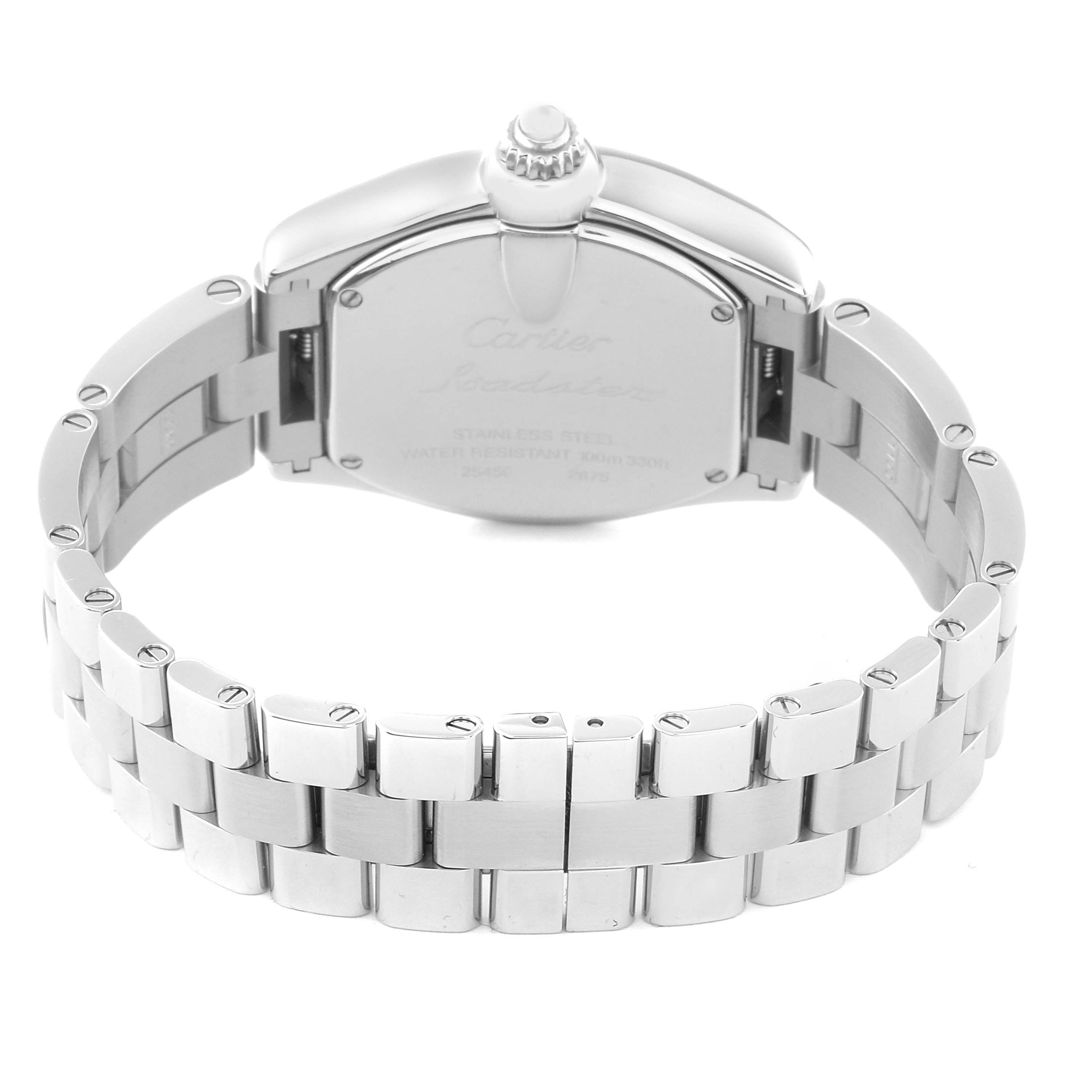 The image shows the back view of a Cartier Roadster W62017V3 Women
s Stainless Steel Pink Dial W62017V3 Women
s Stainless Steel Pink Dial watch, highlighting its stainless steel case and bracelet.