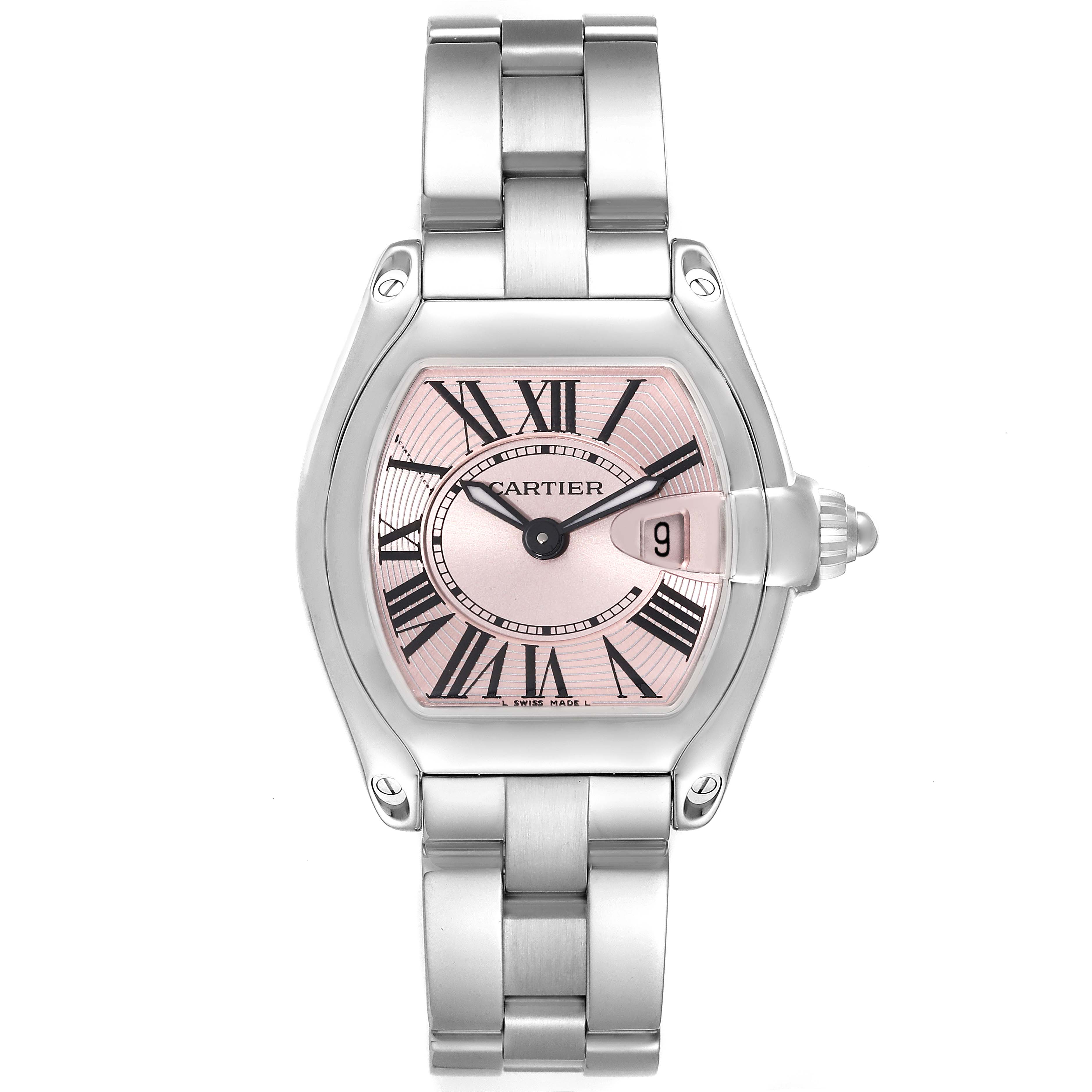 The Cartier Roadster W62017V3 Women
s Stainless Steel Pink Dial W62017V3 Women
s Stainless Steel Pink Dial watch is shown from the front, displaying its face, dial, date window, and stainless steel bracelet.