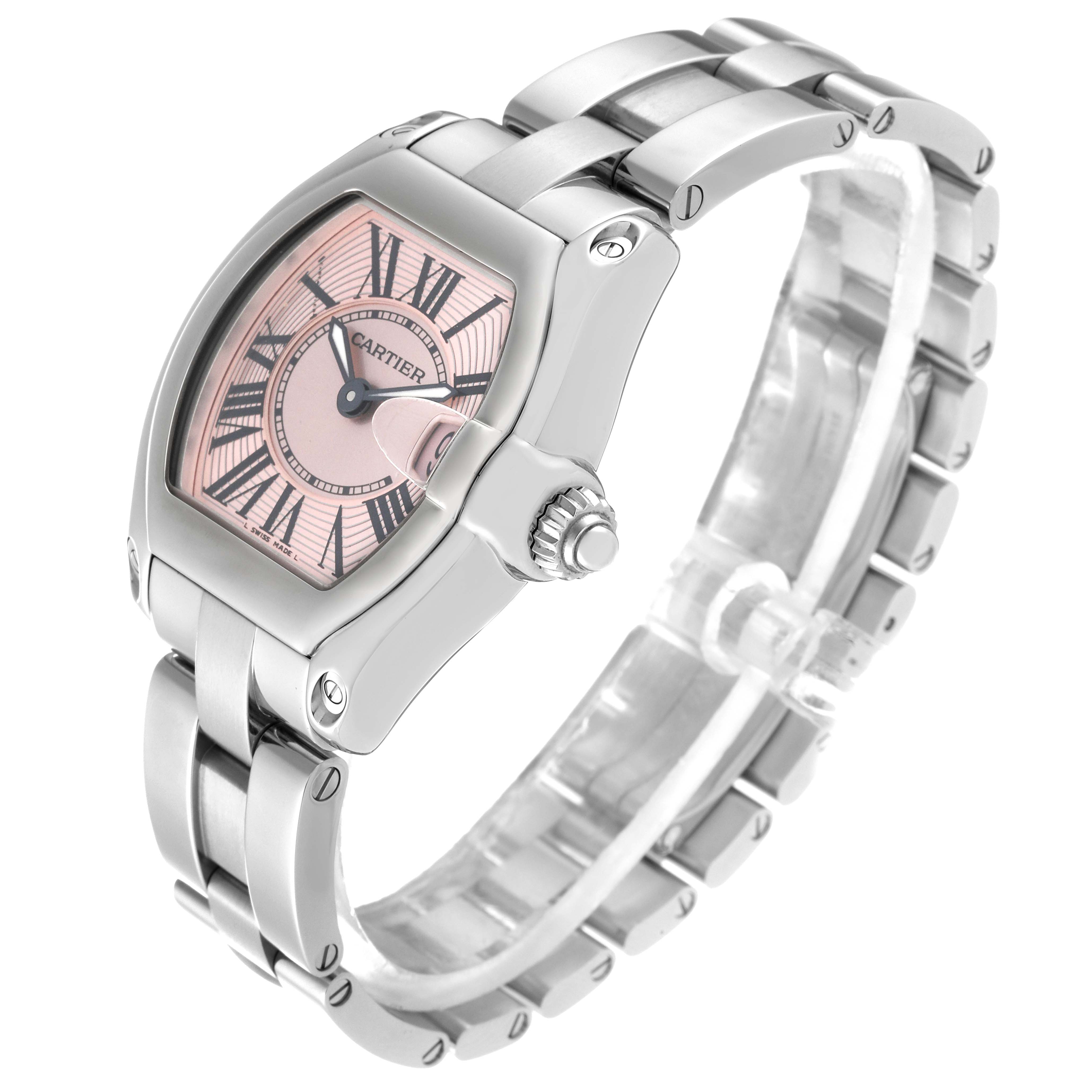 The Cartier Roadster W62017V3 Women
s Stainless Steel Pink Dial W62017V3 Women
s Stainless Steel Pink Dial watch is shown at a three-quarter angle, highlighting its face, crown, and bracelet.
