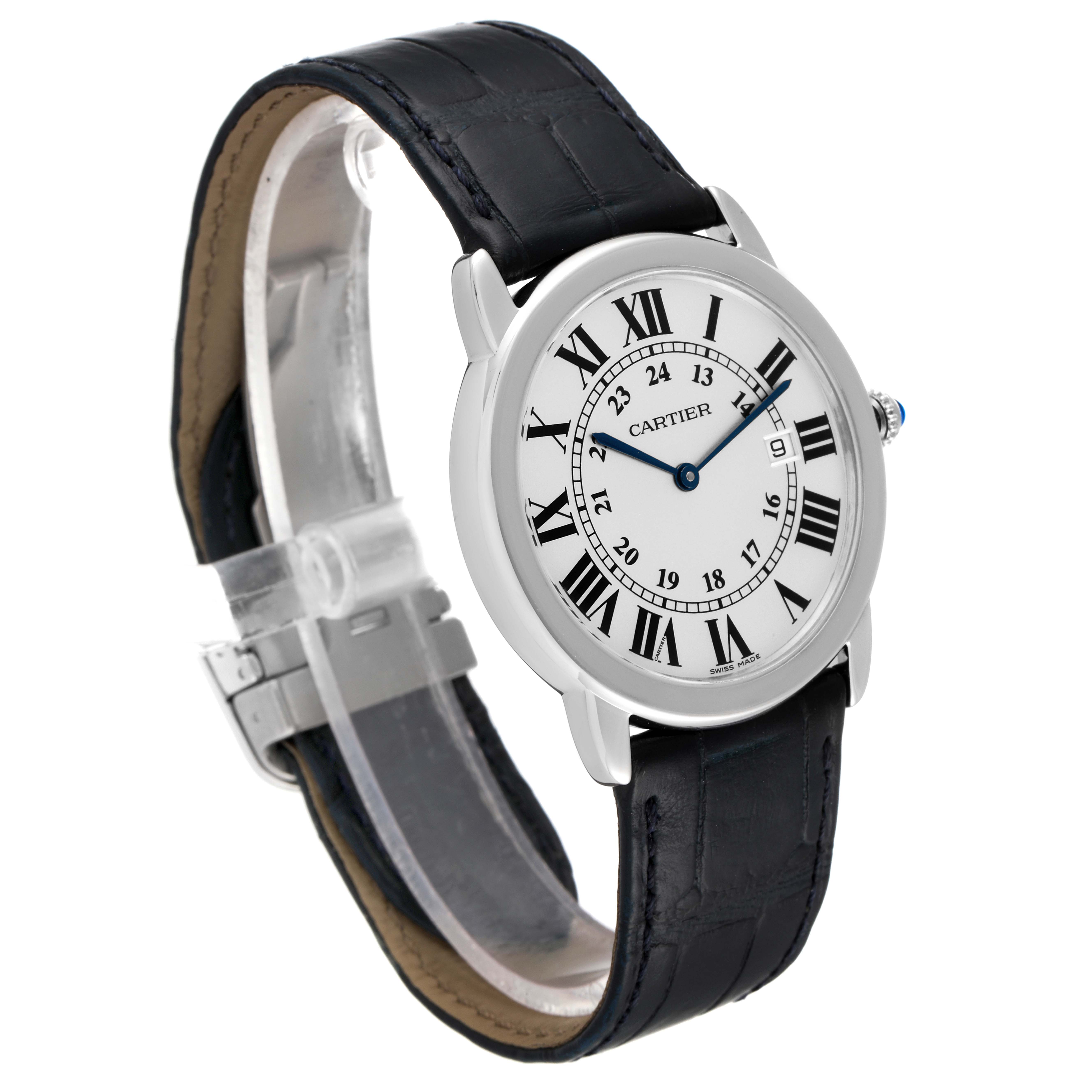 The Cartier Ronde W6700255 Men
s Stainless Steel Silver Dial W6700255 Men
s Stainless Steel Silver Dial model watch is shown at a three-quarter angle, highlighting its face, black leather strap, and clasp.