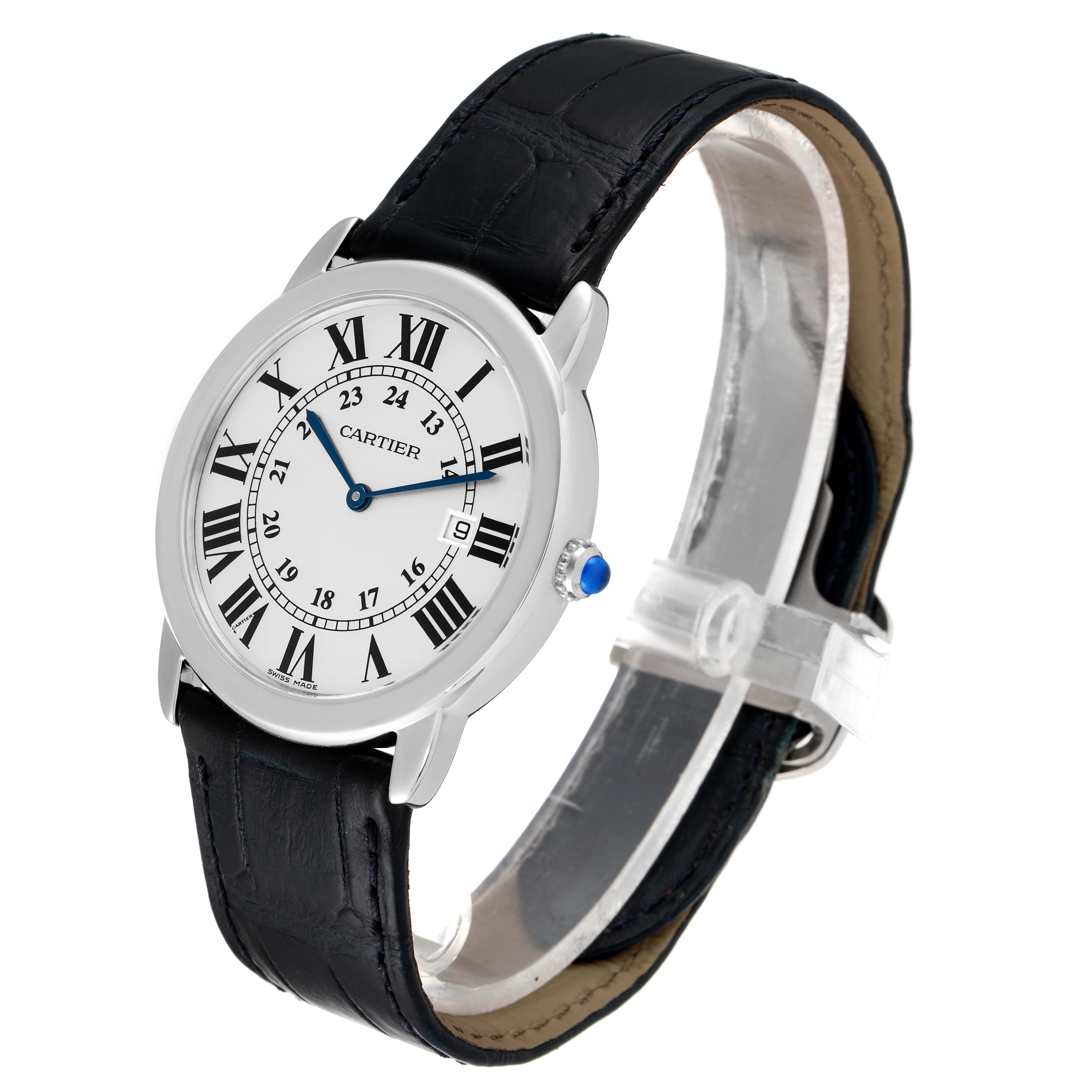 The image shows a Cartier Ronde W6700255 Men
s Stainless Steel Silver Dial W6700255 Men
s Stainless Steel Silver Dial watch at a three-quarter angle, highlighting the face, blue hands, Roman numerals, and black leather strap.