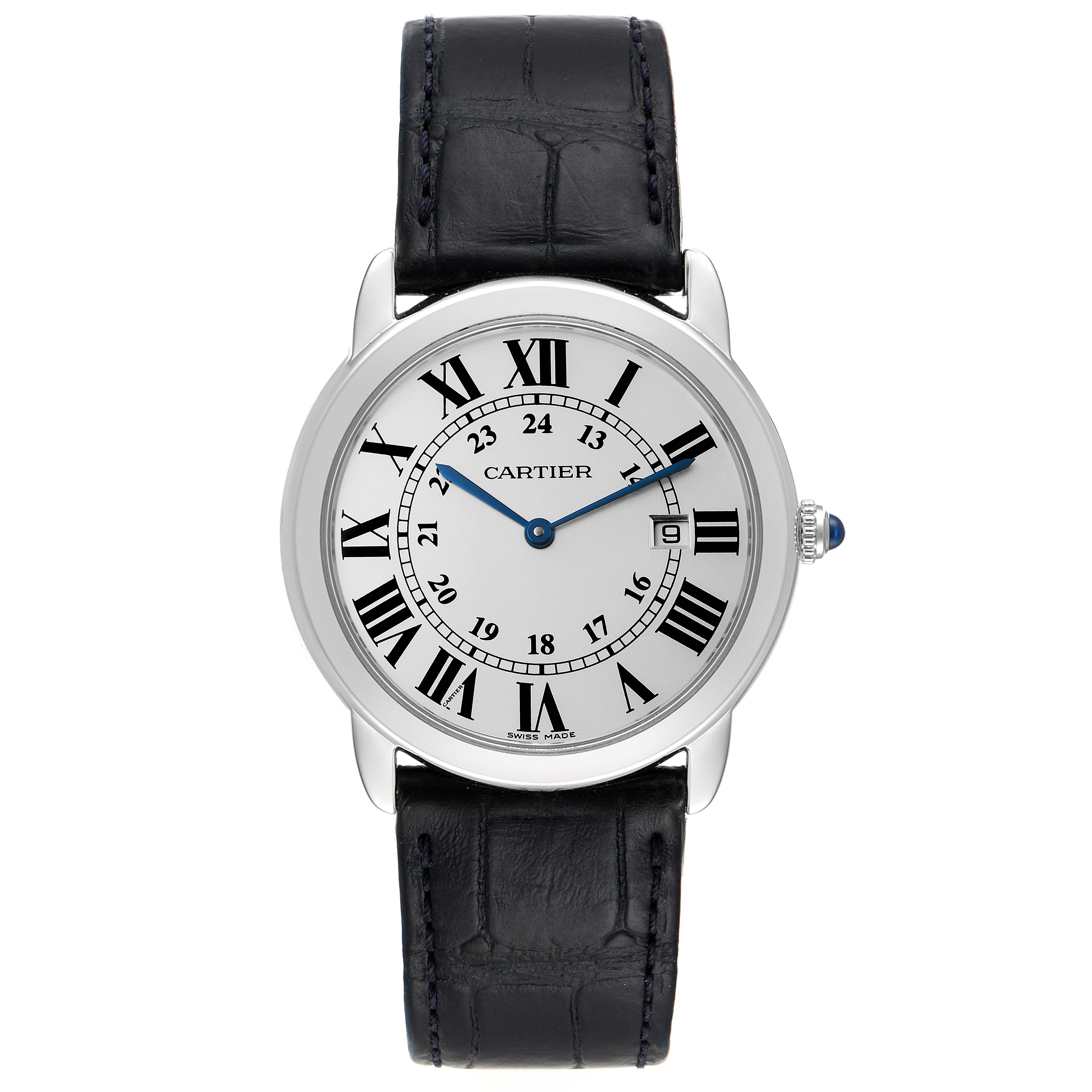 The image shows a frontal view of a Cartier Ronde W6700255 Men
s Stainless Steel Silver Dial W6700255 Men
s Stainless Steel Silver Dial watch, displaying its face, hands, Roman numeral markers, and black leather strap.