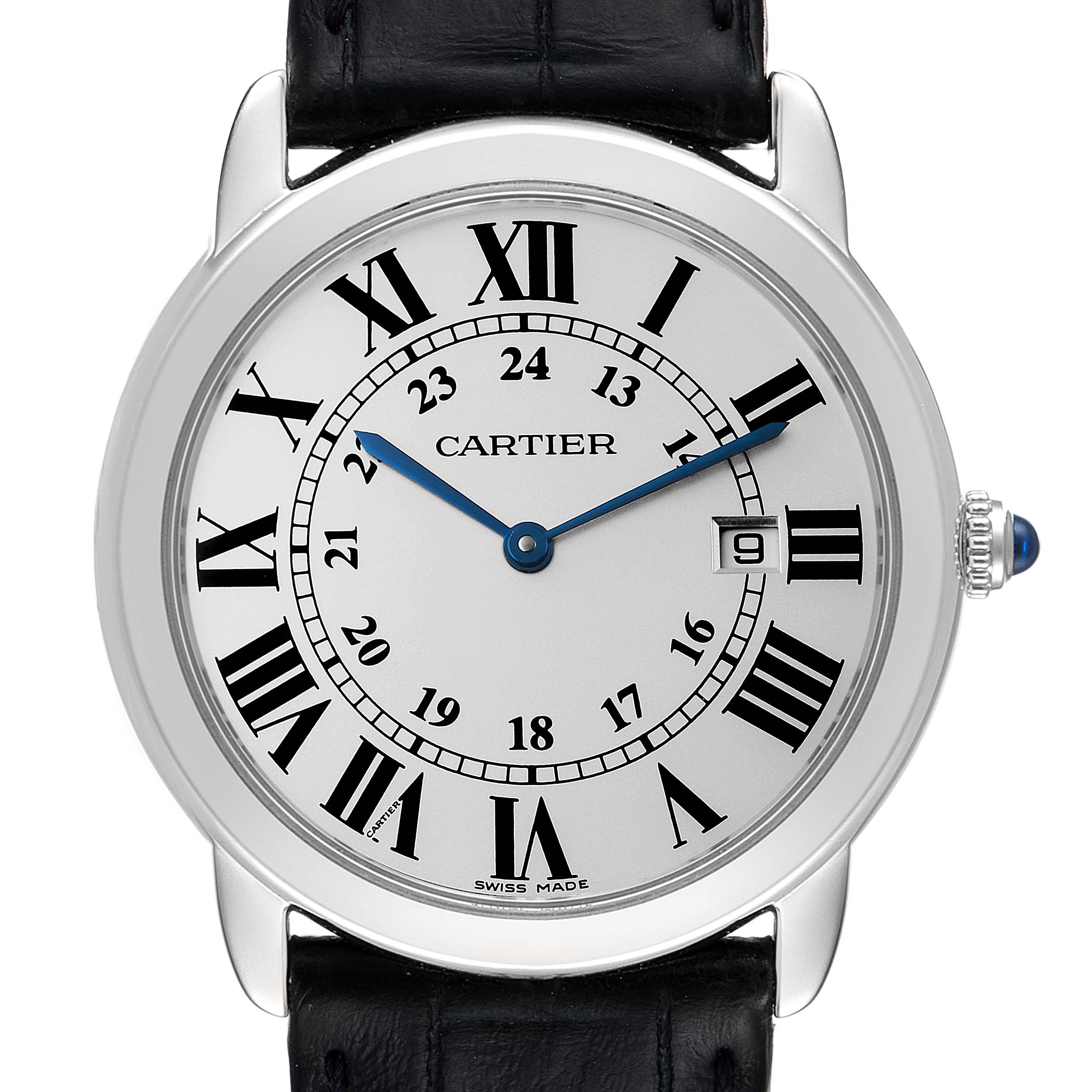 The image shows a frontal view of the Cartier Ronde W6700255 Men
s Stainless Steel Silver Dial W6700255 Men
s Stainless Steel Silver Dial model watch, featuring Roman numerals and a black leather strap.
