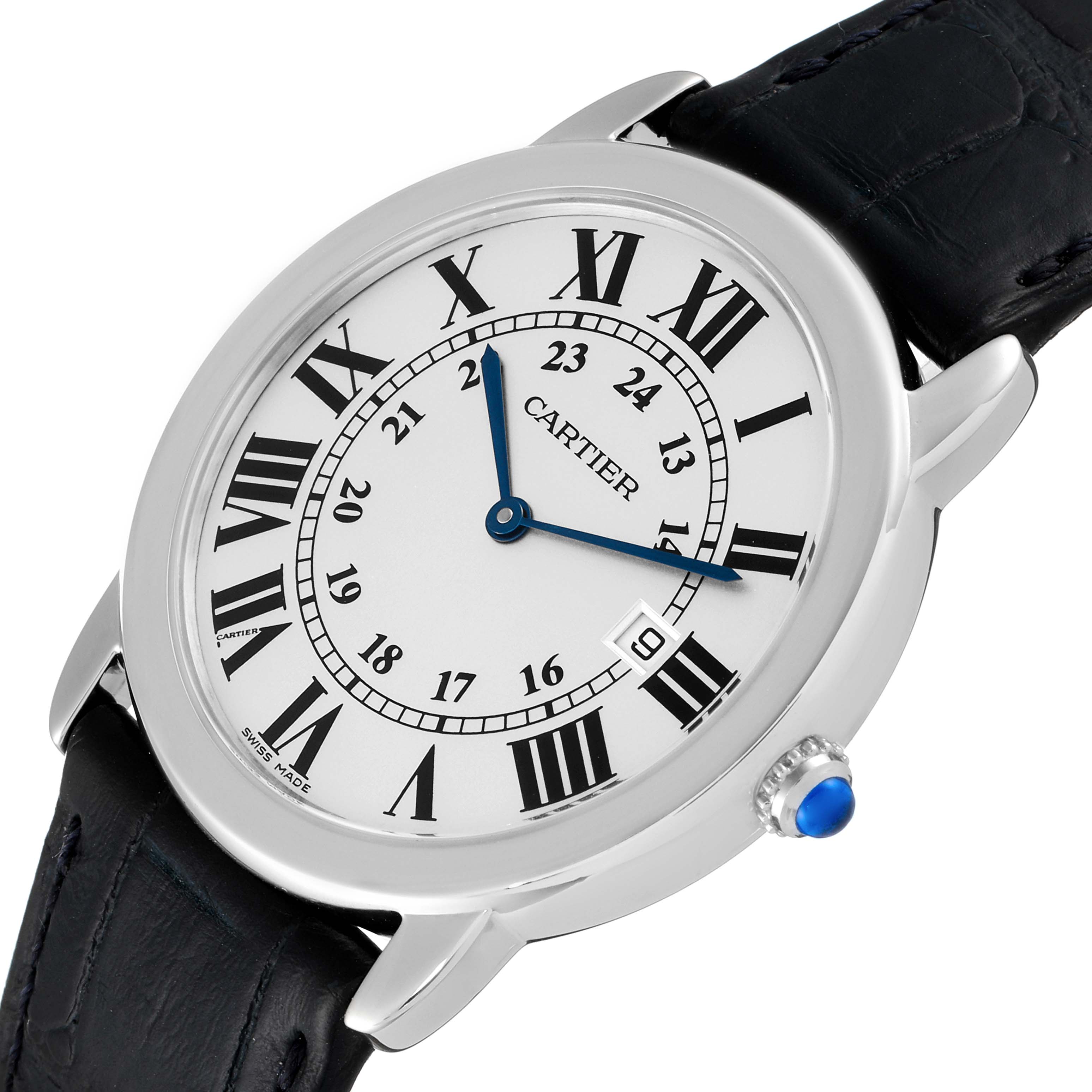 The image shows a close-up view of the Cartier Ronde W6700255 Men
s Stainless Steel Silver Dial W6700255 Men
s Stainless Steel Silver Dial model watch, highlighting its face, bezel, crown, and leather strap.