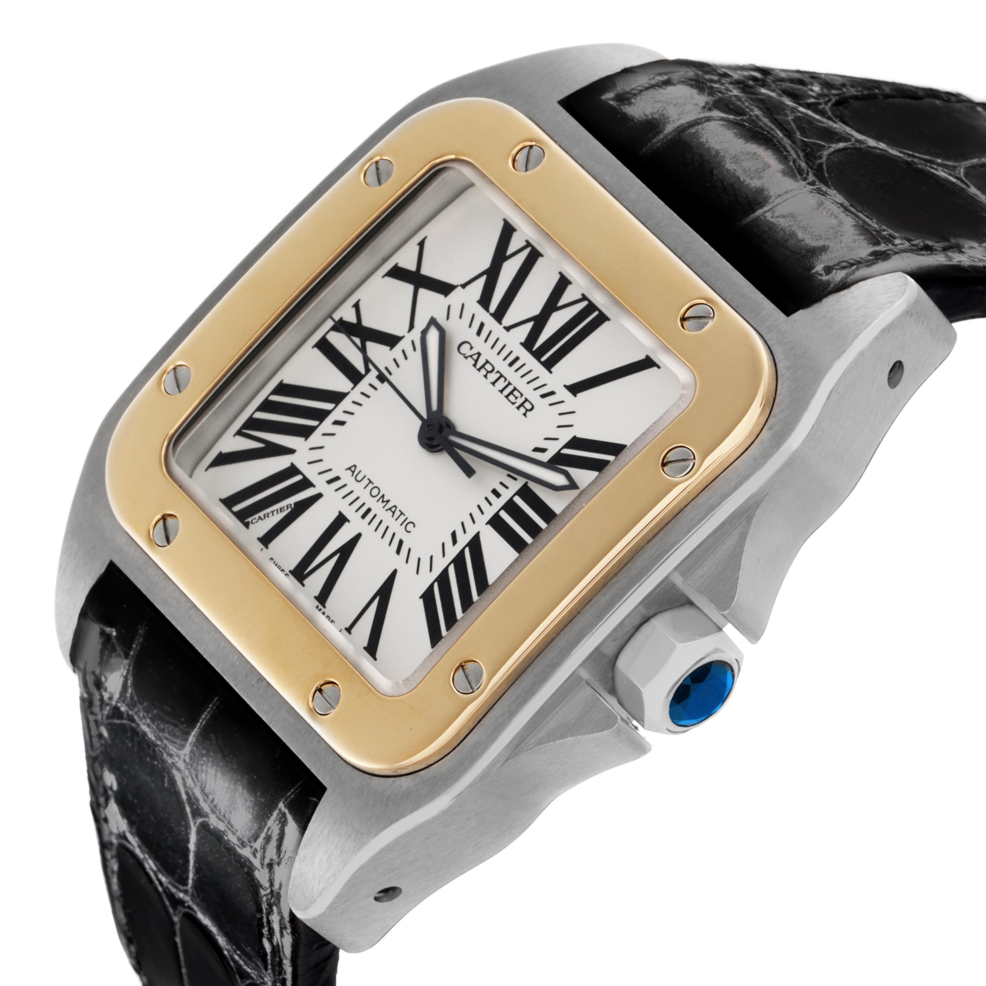 The Santos model by Cartier is shown at a slight angle highlighting the face, crown, bezel, and strap.