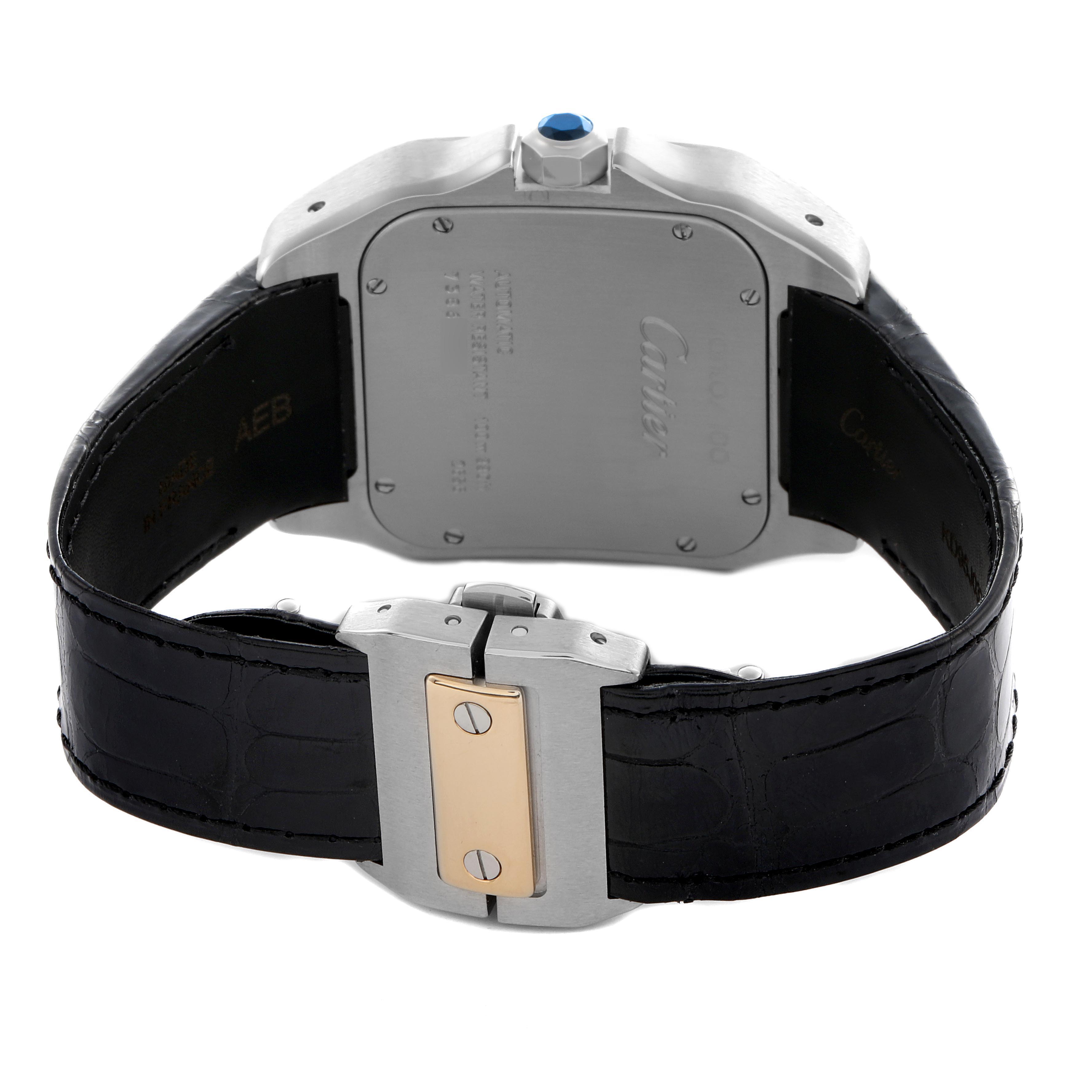 The image shows the back of a Cartier Santos W20072X7 Men's Steel and Gold (two tone) Silver Dial W20072X7 Men's Steel and Gold (two tone) Silver Dial watch, featuring its case back and leather strap with a metal clasp.