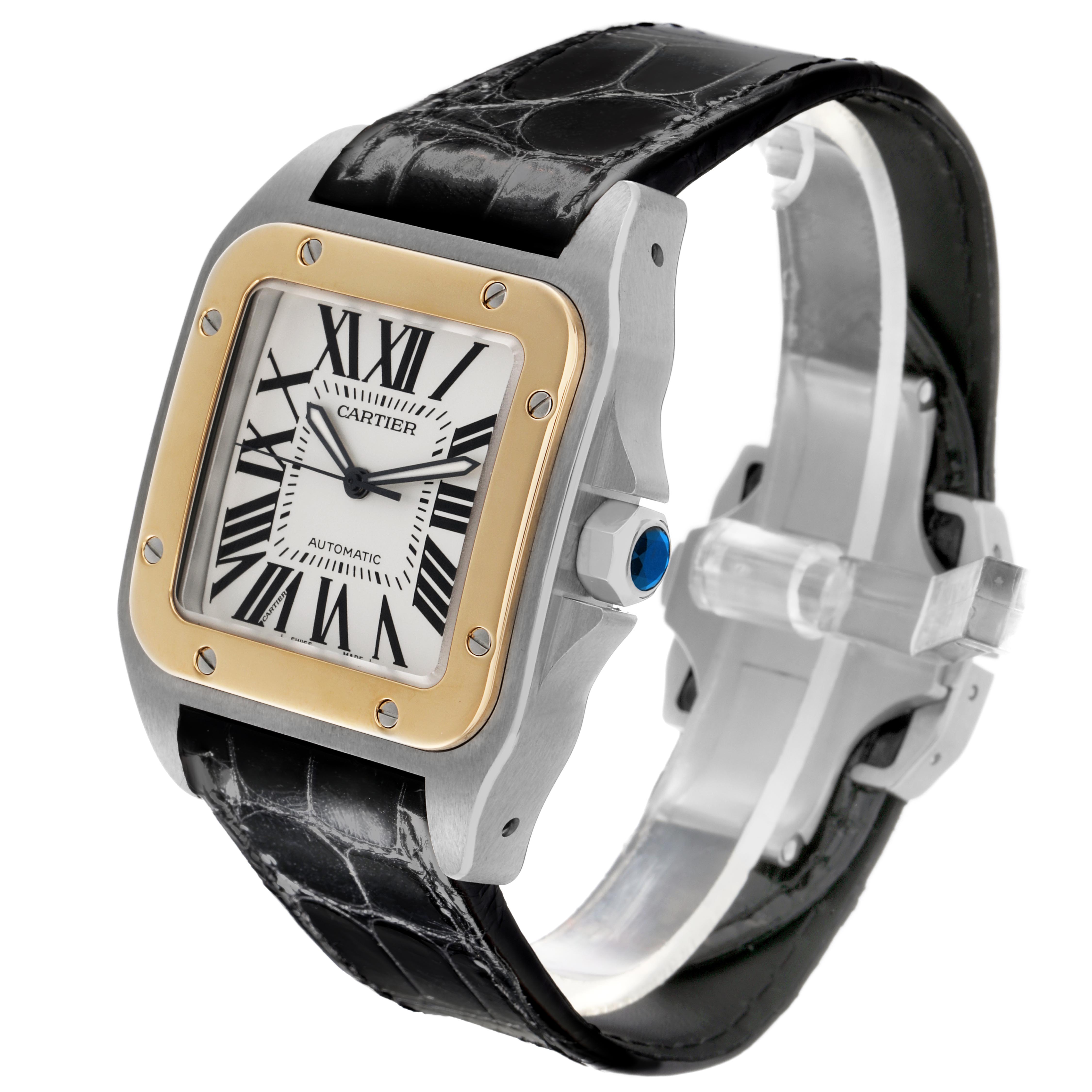 The Cartier Santos W20072X7 Men's Steel and Gold (two tone) Silver Dial W20072X7 Men's Steel and Gold (two tone) Silver Dial watch is shown from an angled side view, highlighting the face, bezel, and leather strap.