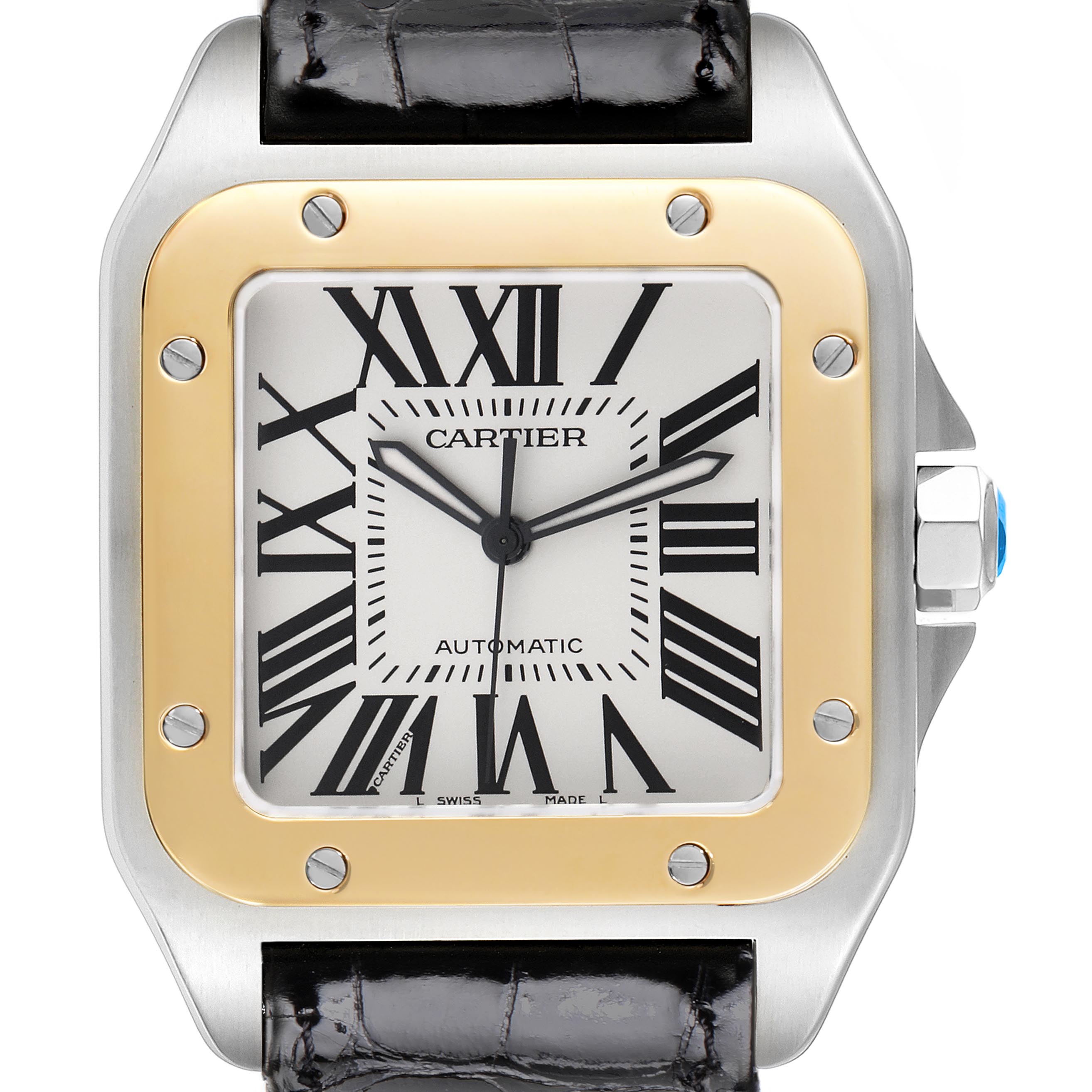 The Cartier Santos W20072X7 Men's Steel and Gold (two tone) Silver Dial W20072X7 Men's Steel and Gold (two tone) Silver Dial watch is shown from the front, displaying the dial, bezel, crown, and part of the strap.