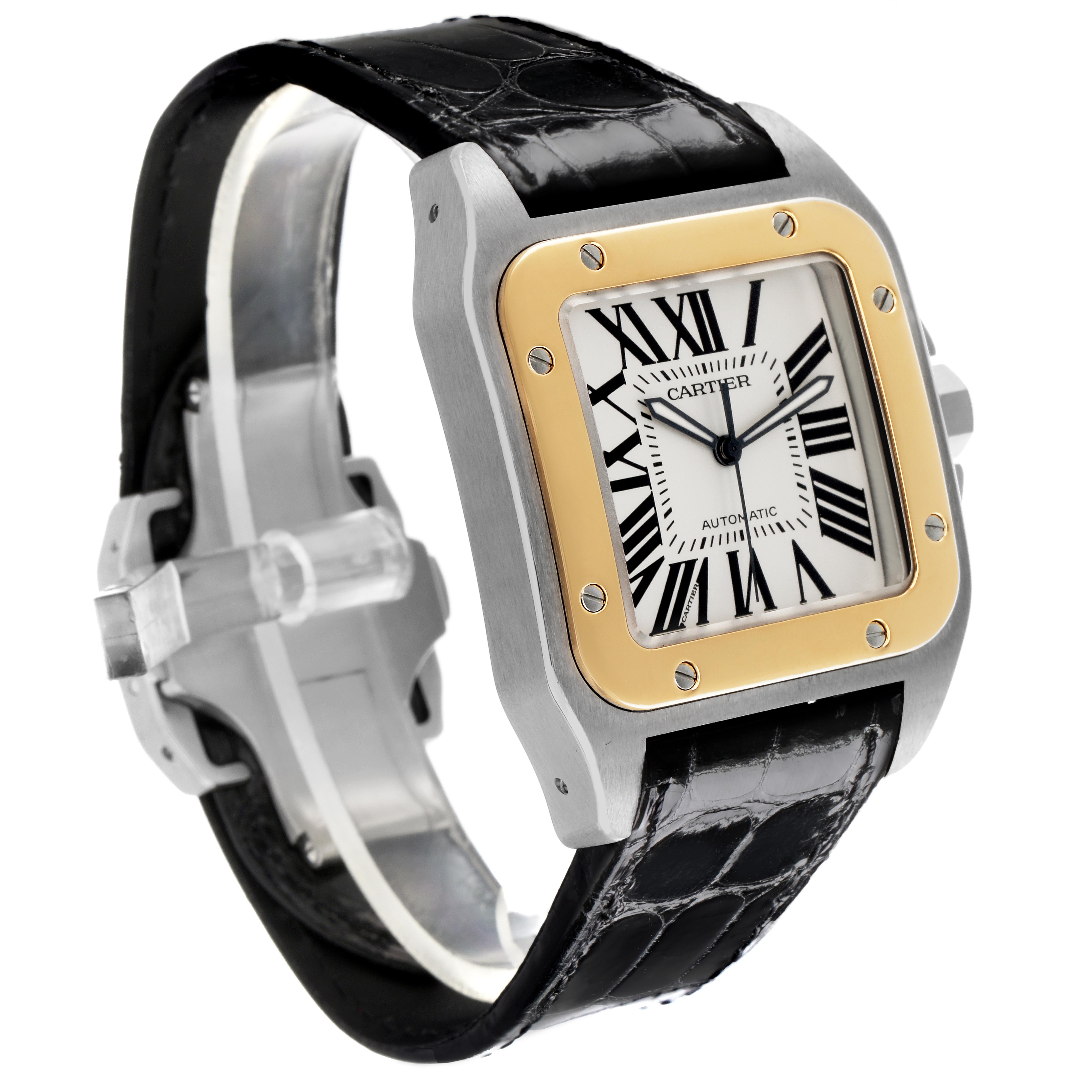 The Cartier Santos W20072X7 Men's Steel and Gold (two tone) Silver Dial W20072X7 Men's Steel and Gold (two tone) Silver Dial watch is shown at a side angle, displaying the face, bezel, and black leather strap.