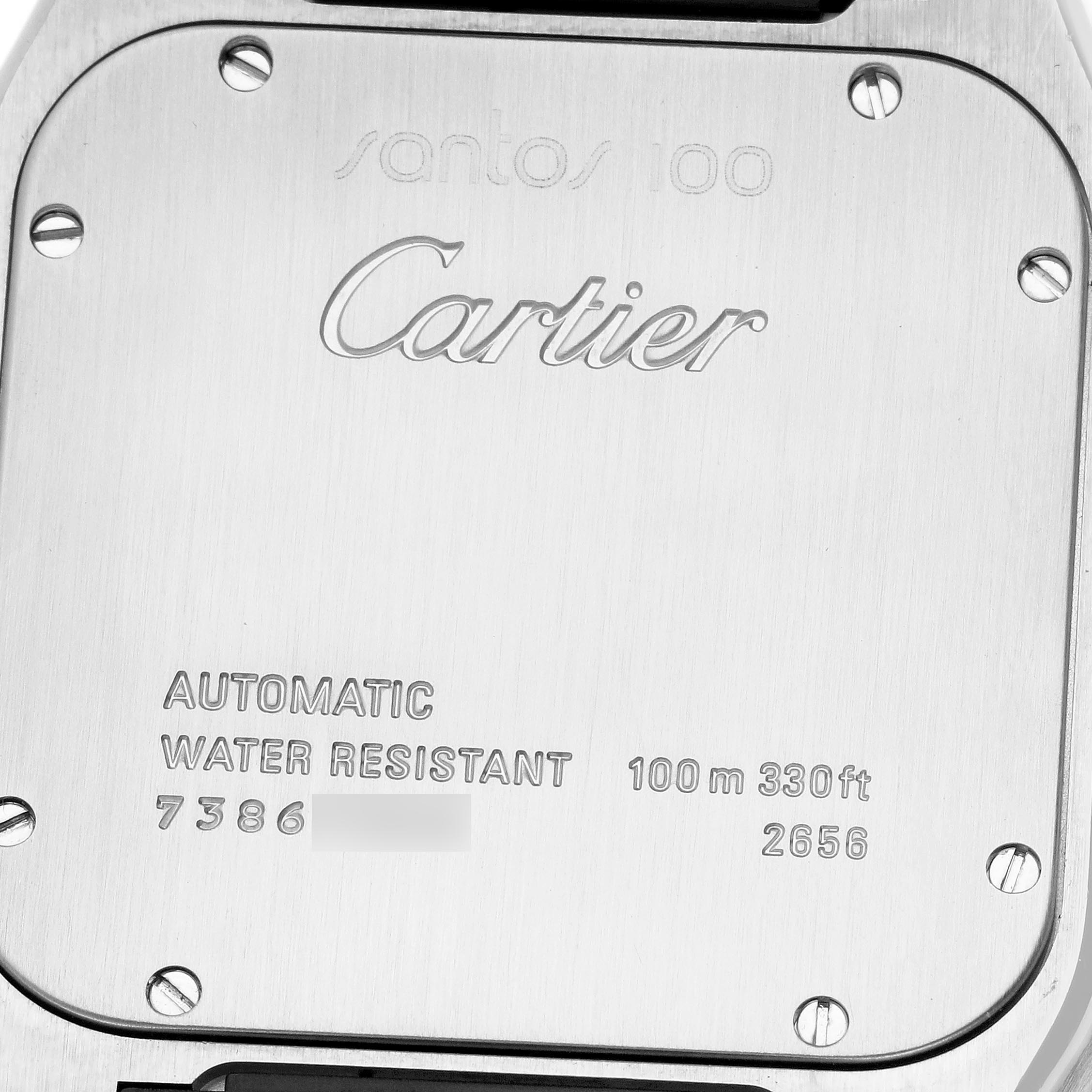 The image shows the back case of a Cartier Santos W20072X7 Men's Steel and Gold (two tone) Silver Dial W20072X7 Men's Steel and Gold (two tone) Silver Dial watch, highlighting brand engraving and water resistance details.