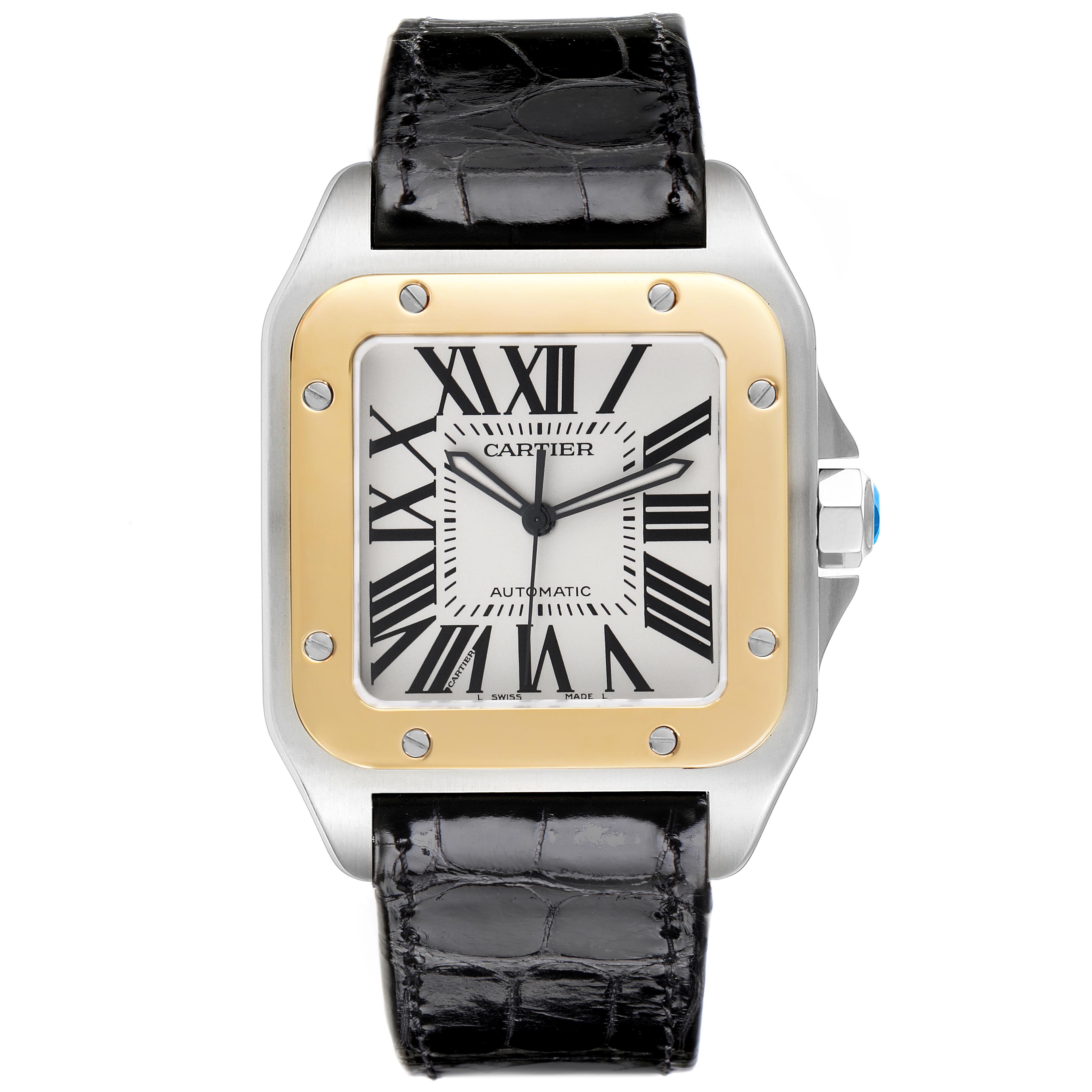 The Cartier Santos W20072X7 Men's Steel and Gold (two tone) Silver Dial W20072X7 Men's Steel and Gold (two tone) Silver Dial watch is shown from a front view, highlighting the dial, crown, bezel, and strap.