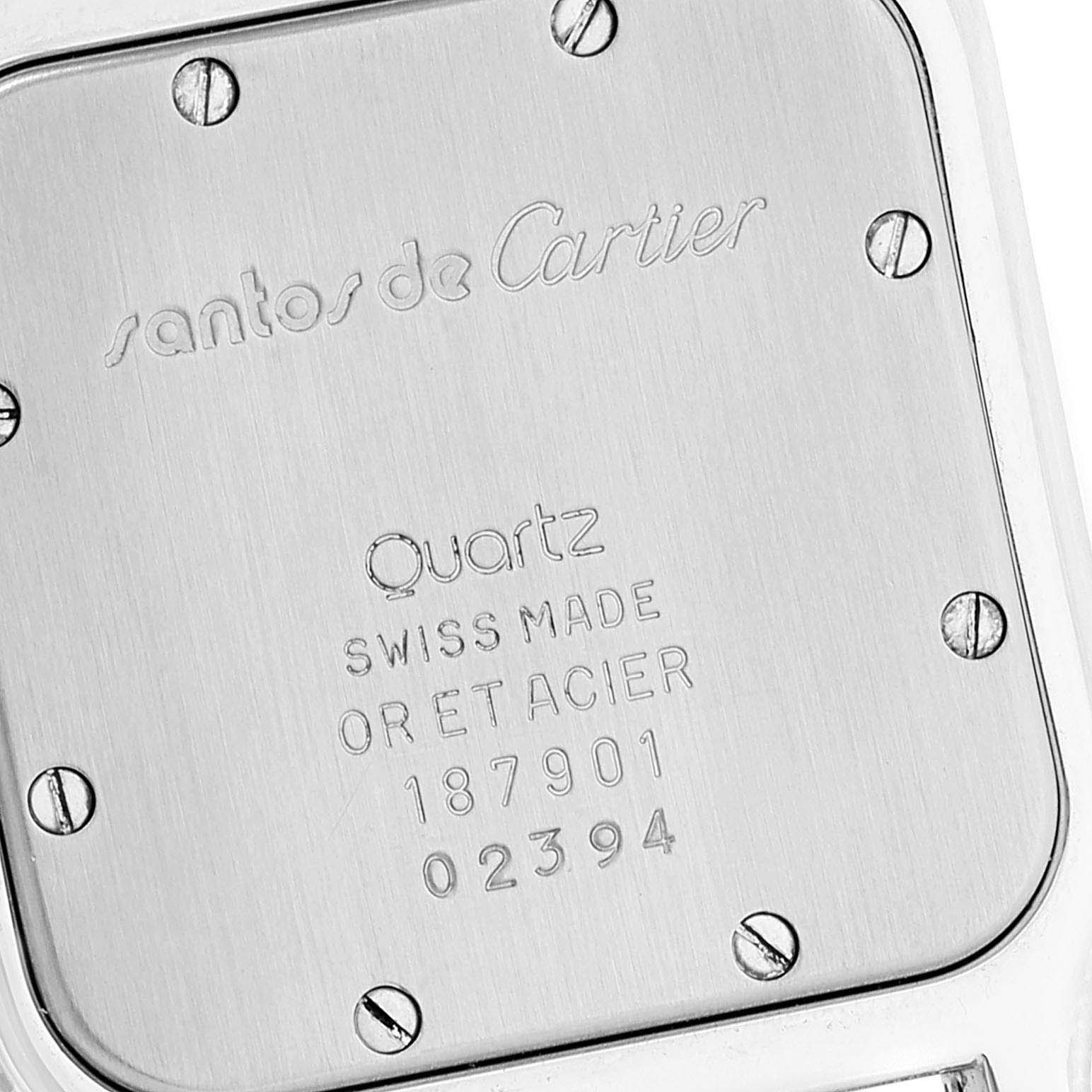 The image shows the back case of a Santos model by Cartier, including the inscriptions and screws.