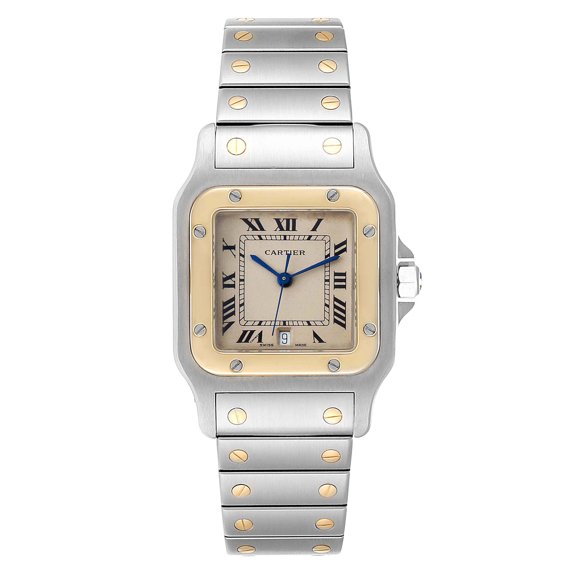 The image shows a front view of a Cartier Santos 187901 Men
s Steel and Gold (two tone) Beige Dial 187901 Men
s Steel and Gold (two tone) Beige Dial watch, displaying its face, bezel, and part of the metal bracelet.