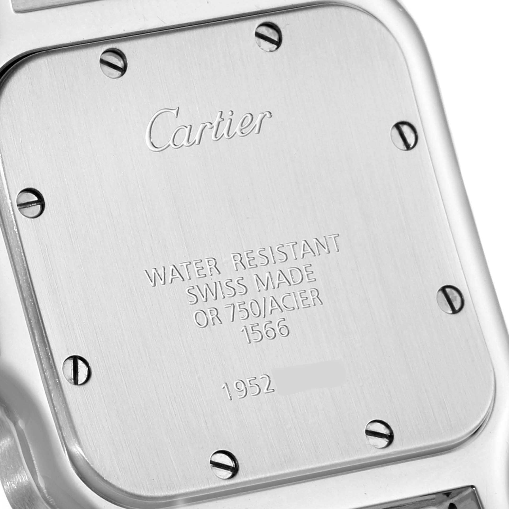 The image shows the back case of a Cartier Santos 1566 Men
s Steel and Gold (two tone) Silver Dial 1566 Men
s Steel and Gold (two tone) Silver Dial watch, highlighting the brand name, model details, and screws.