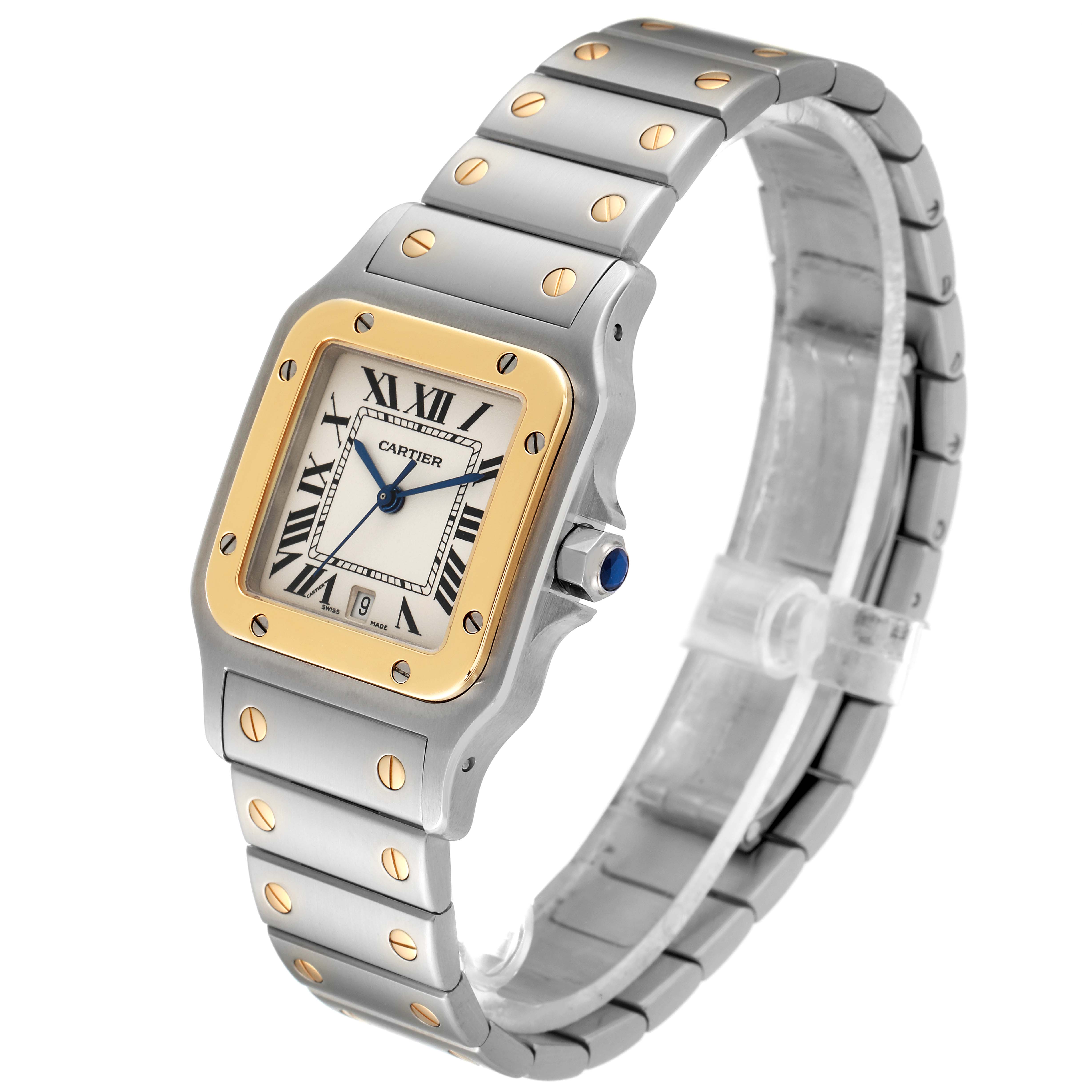 This Cartier Santos 1566 Men
s Steel and Gold (two tone) Silver Dial 1566 Men
s Steel and Gold (two tone) Silver Dial watch is shown in a three-quarter angle, displaying the face, bezel, bracelet, and crown.