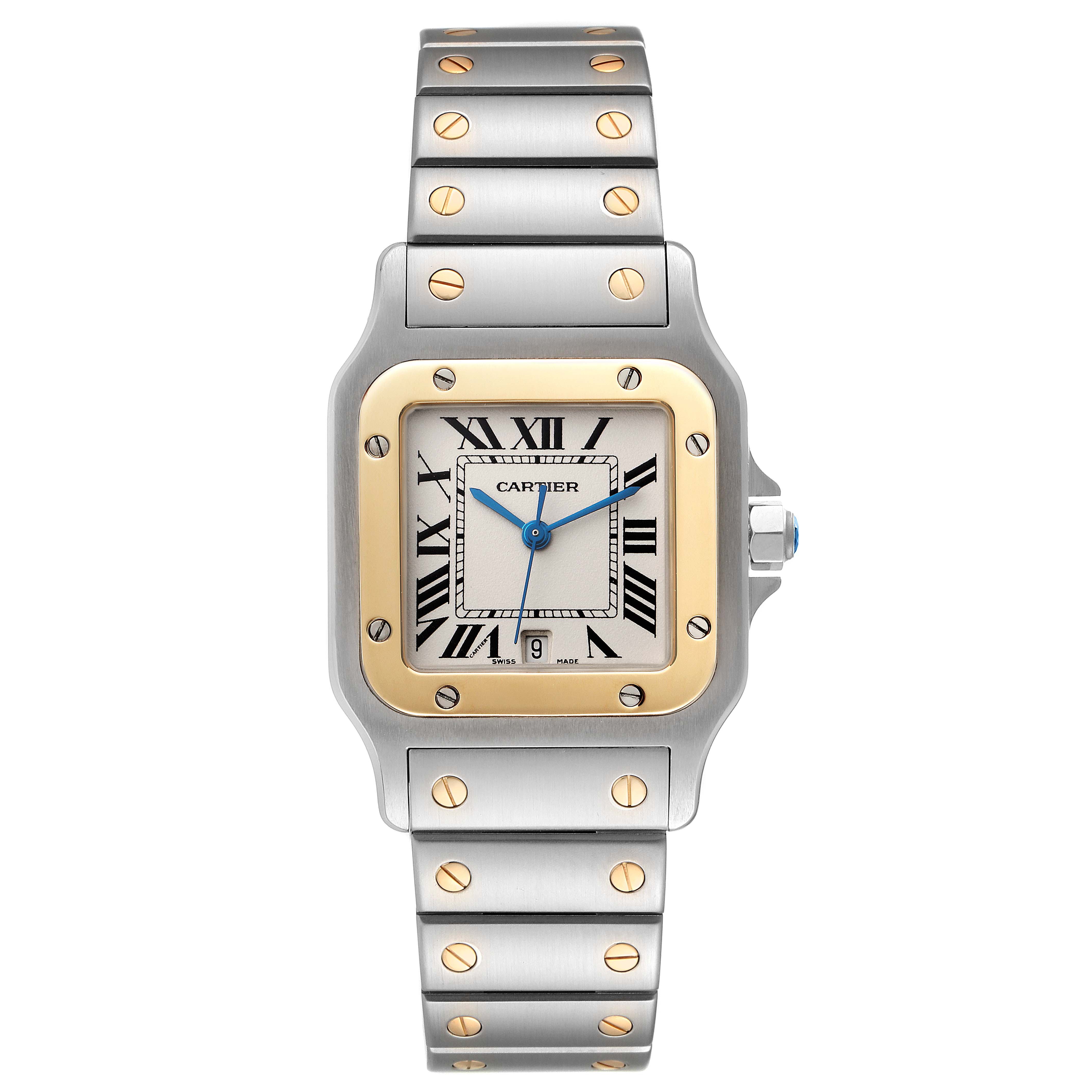 The image shows the Cartier Santos 1566 Men
s Steel and Gold (two tone) Silver Dial 1566 Men
s Steel and Gold (two tone) Silver Dial watch from a front view, displaying its face, bezel, and bracelet.