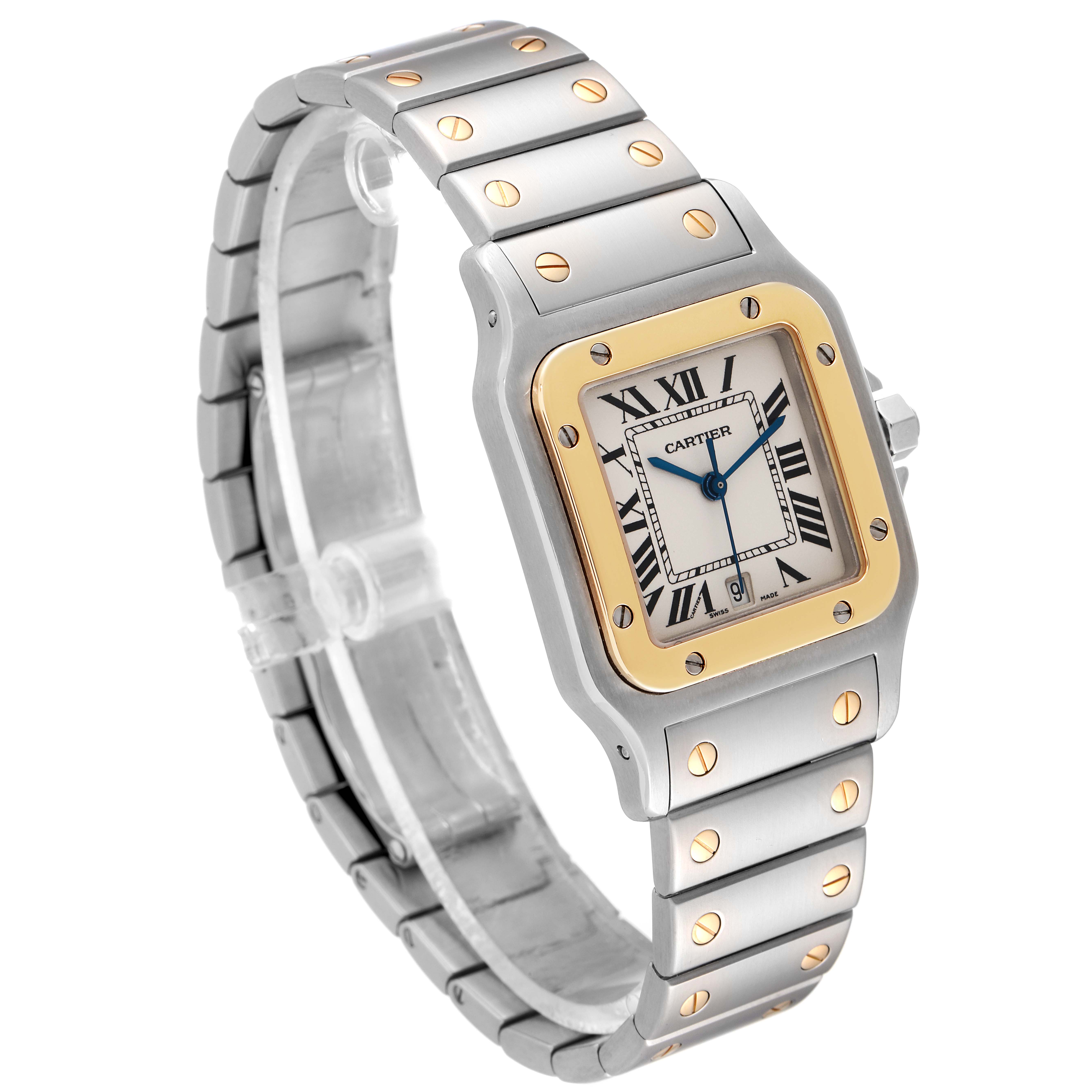 The image shows an angled view of a Cartier Santos 1566 Men
s Steel and Gold (two tone) Silver Dial 1566 Men
s Steel and Gold (two tone) Silver Dial watch, highlighting the square face, dial, bezel, and metallic bracelet.